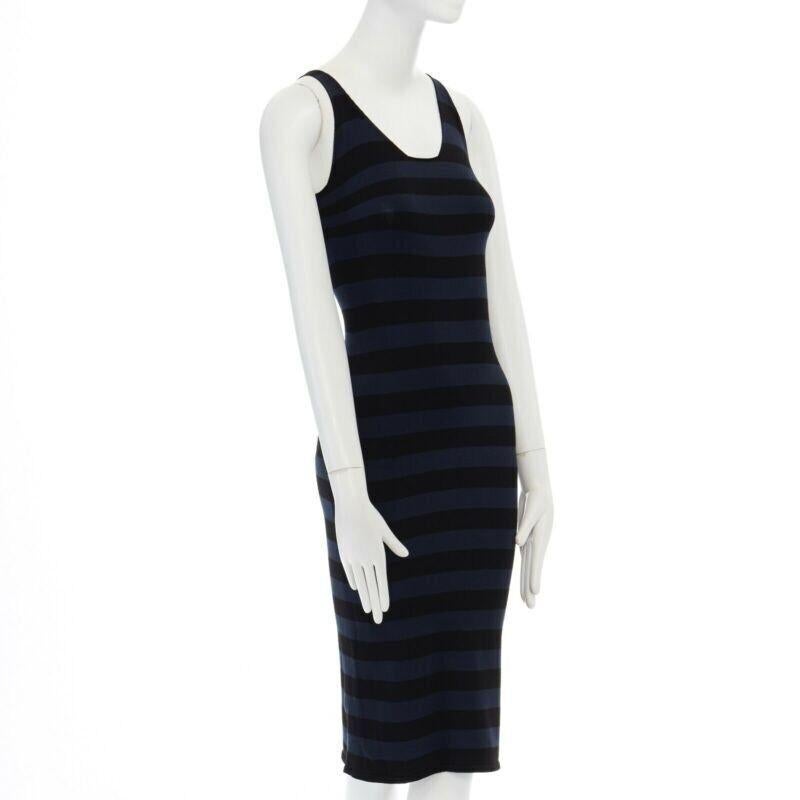 Black TOMAS MAIER blue black stripe raw cut edge sleeveless stretch casual dress US2 S For Sale