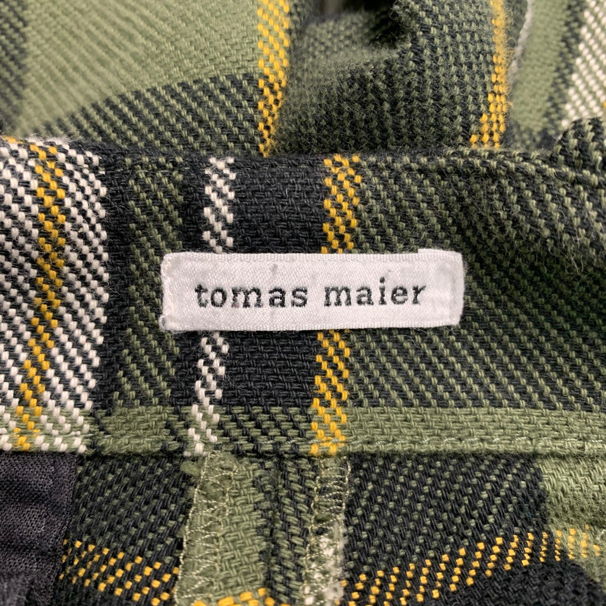 Men's TOMAS MAIER Size 31 Green Yellow Plaid Cotton Button Fly Shorts For Sale