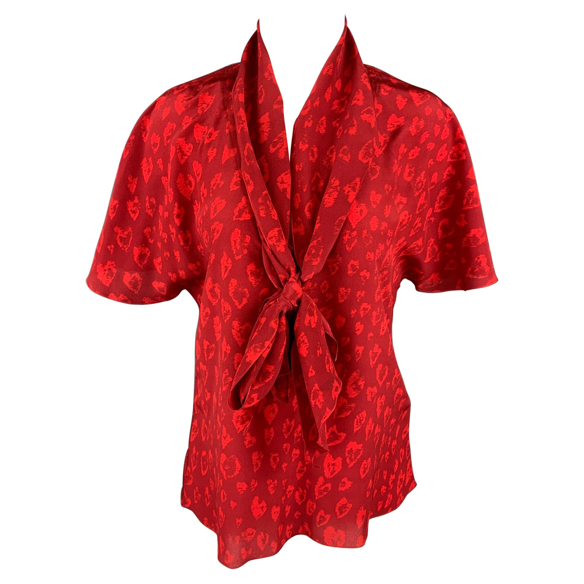 TOMAS MAIER Size 4 Burgundy & Red Print Silk Self Tie Blouse