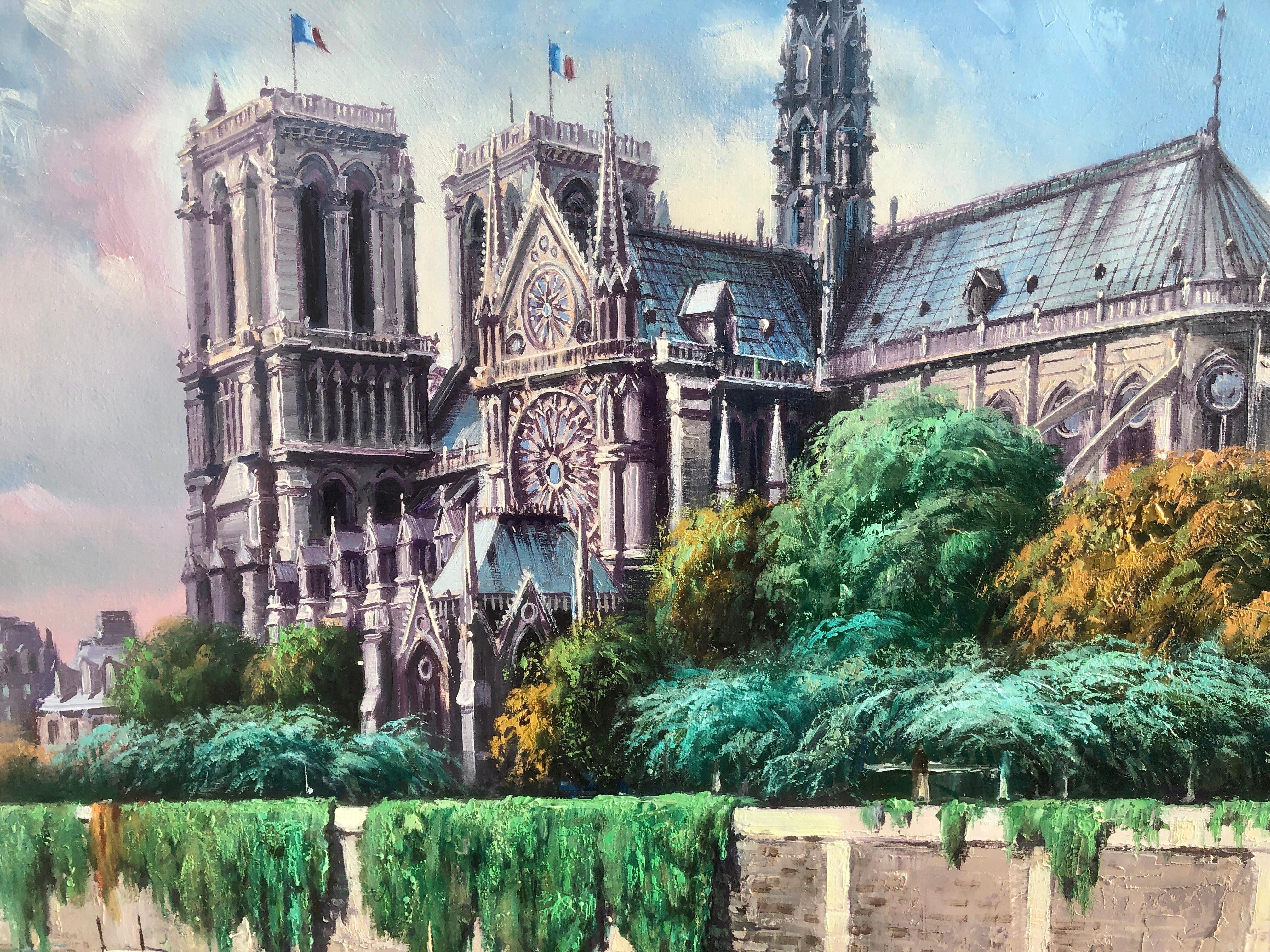 Notre Dame Cathedral Paris France oil on canvas painting - Gray Landscape Painting by Tomas Martorell