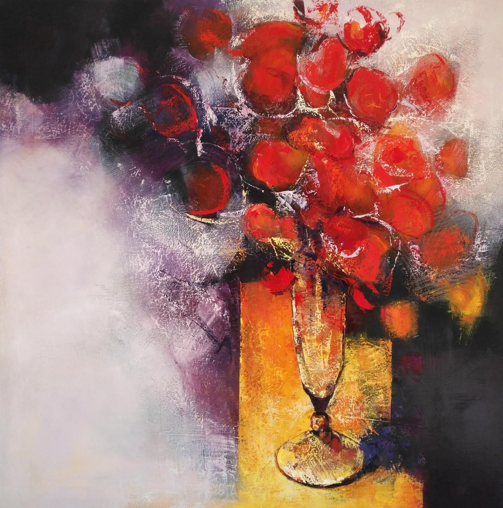 Figurative Painting Tomàs Sunyol - La Post - 21e siècle, Contemporain, Nature morte, Peinture à l'huile, Fleurs rouges