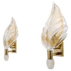 Tomaso Buzzi Mid-century Modern Gold Leaf Murano Glass Brass Sconces, 50s, Pair