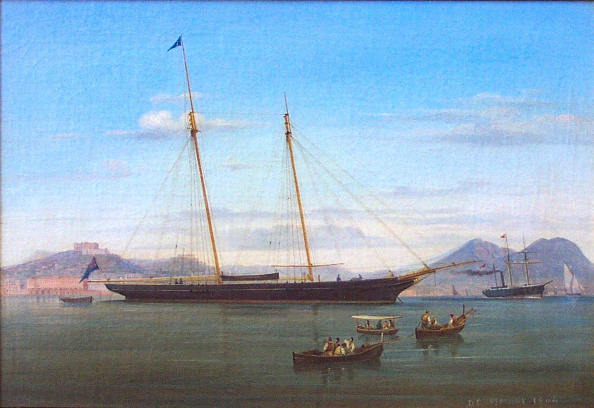 British Schooner Anchored at Naples - Painting by Tomaso de Simone