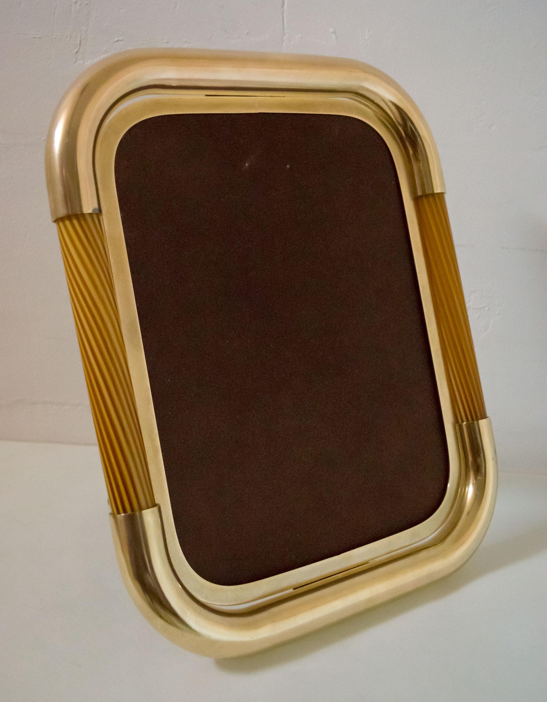 Tommaso Barbi Midcentury Italian Brass and Murano Glass Picture Frame, 1970s In Fair Condition In Puglia, Puglia