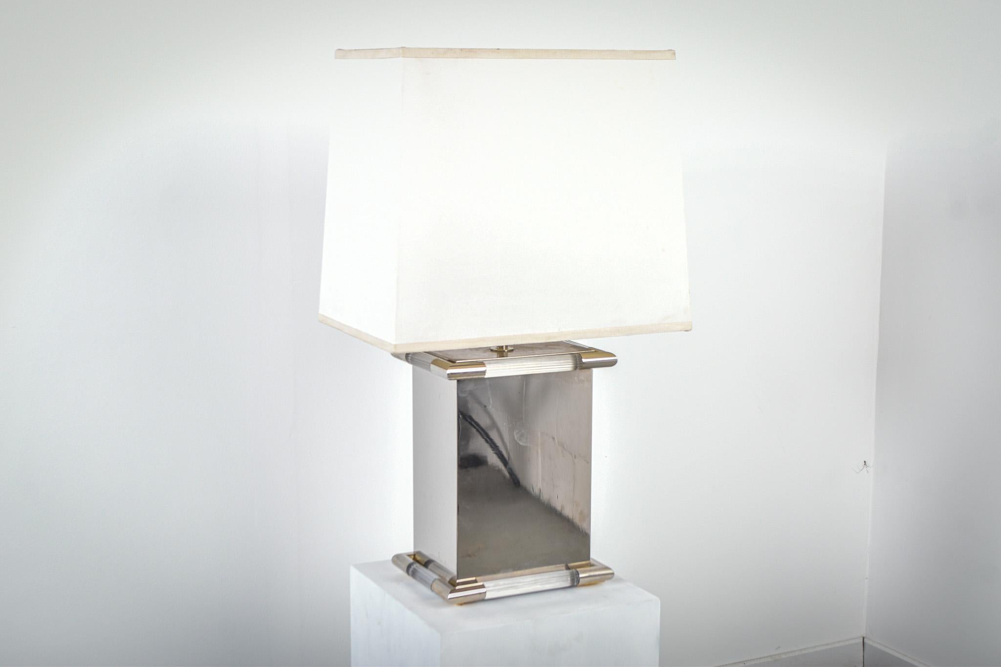 Italian Tomasso Barbi polished steel and lucite table lamp For Sale