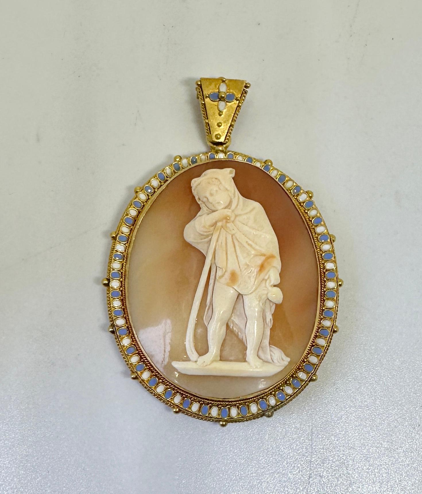 Women's or Men's Tomasso Saulini Boy Cameo Locket Pendant Necklace 14 Karat Gold Museum Quality For Sale