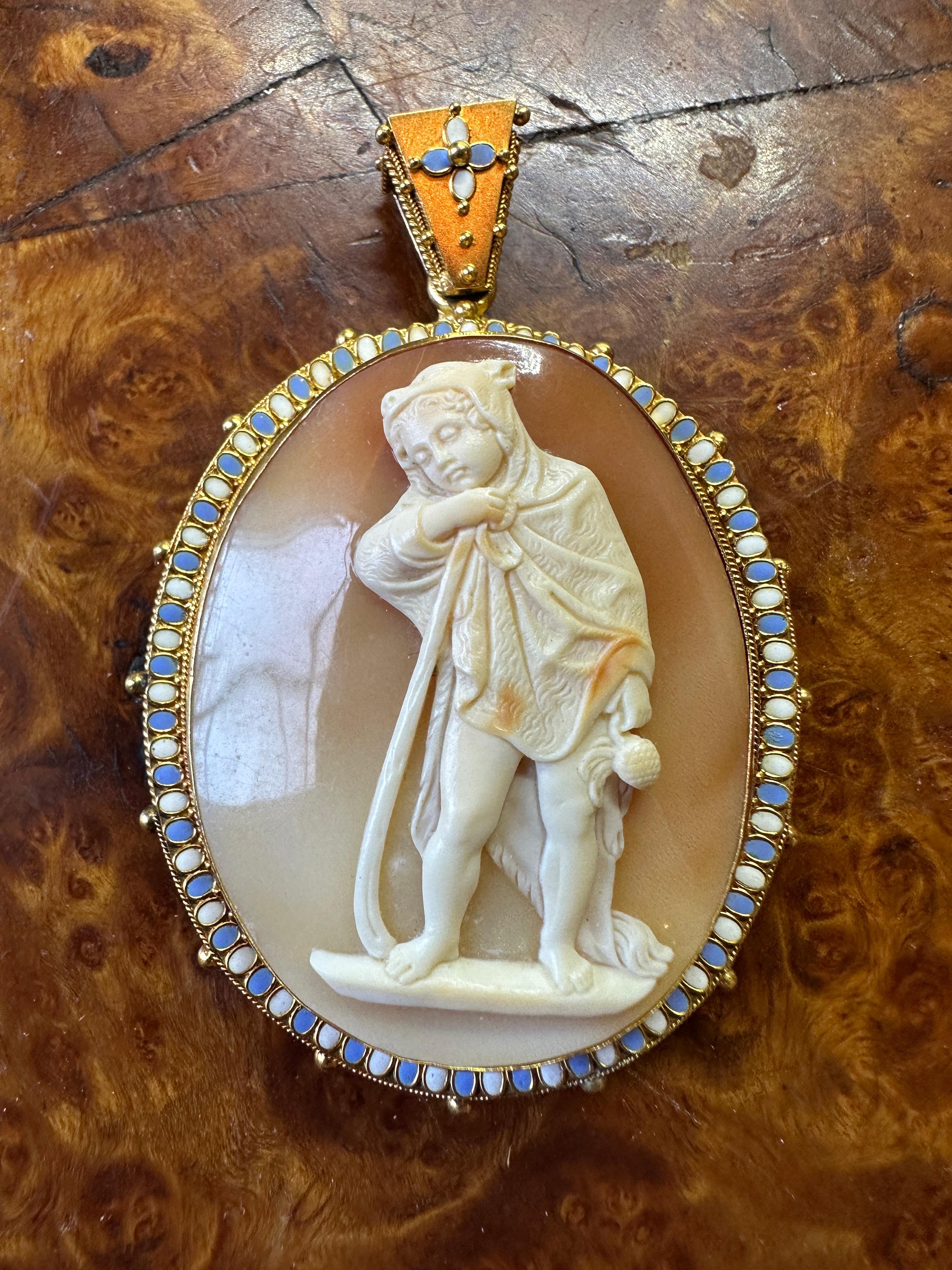 Tomasso Saulini Boy Cameo Locket Pendant Necklace 14 Karat Gold Museum Quality For Sale 1