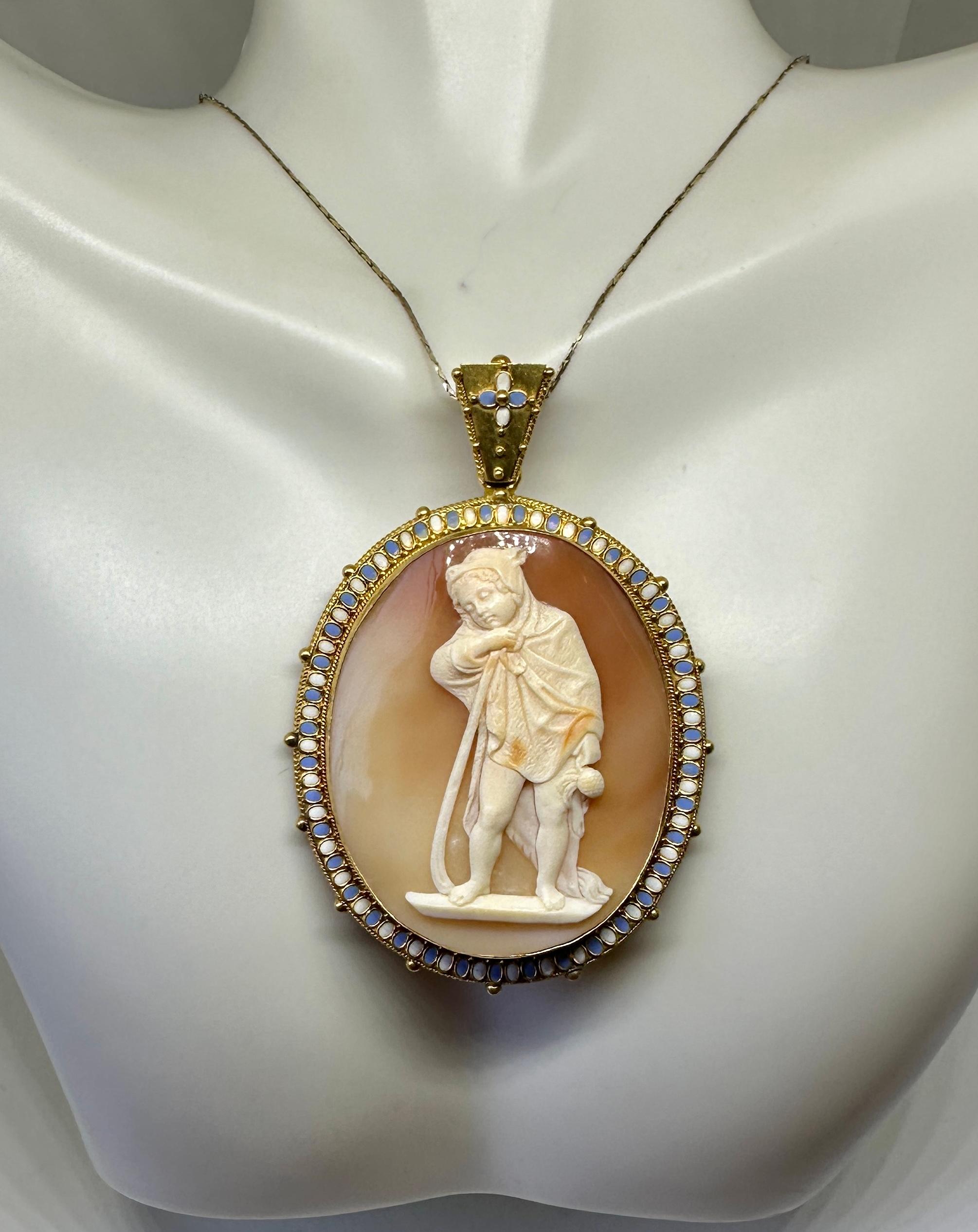 Tomasso Saulini Boy Cameo Locket Pendant Necklace 14 Karat Gold Museum Quality For Sale 2