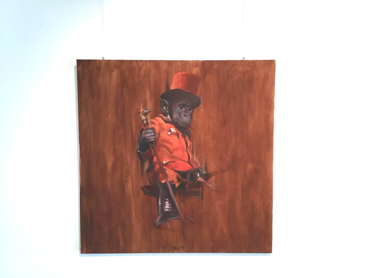 Scimmia a cavallo - Pittura ad olio di animali figurativi contemporanei, realismo - Painting di Tomasz Bielak