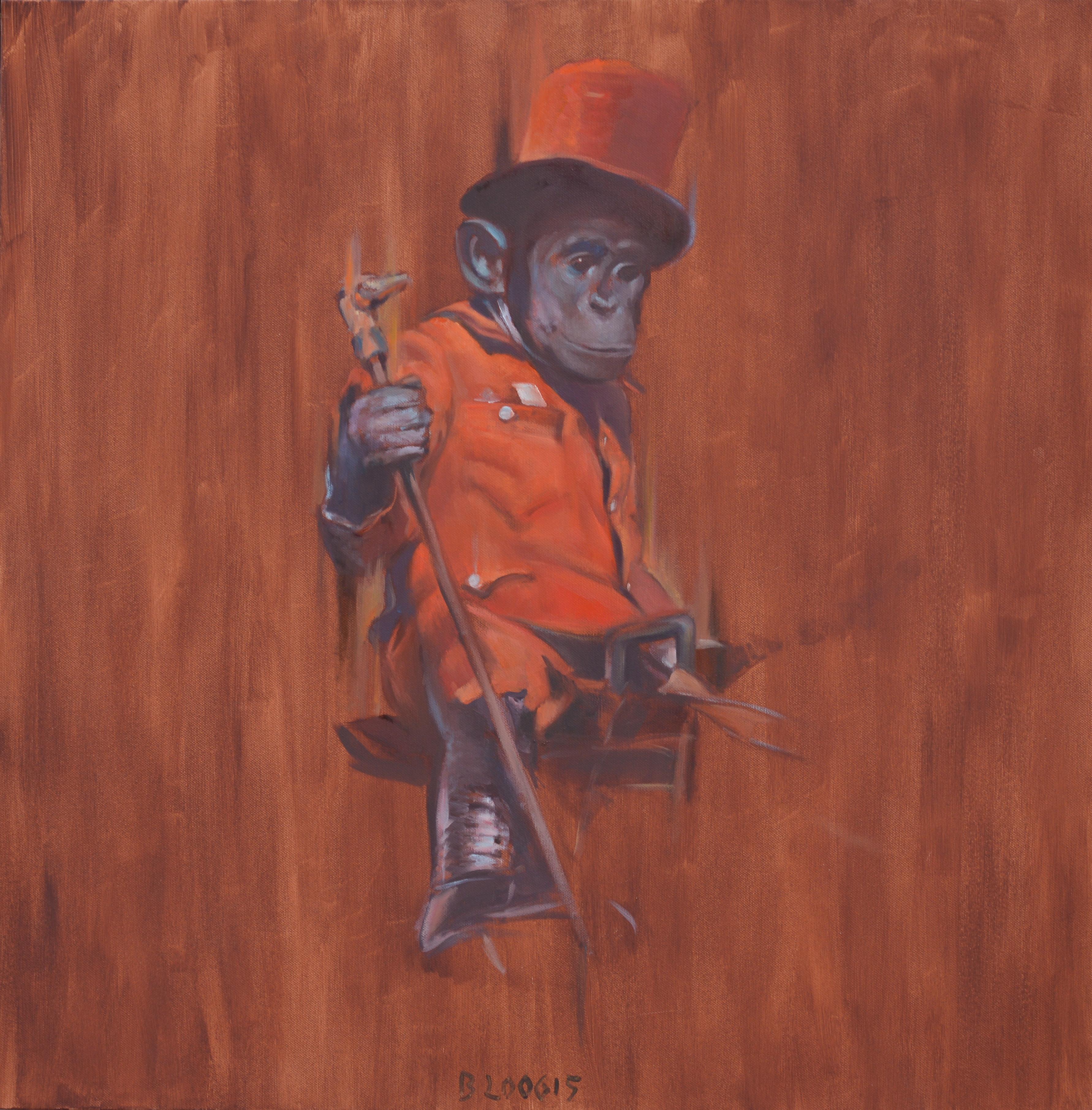 Scimmia a cavallo - Pittura ad olio di animali figurativi contemporanei, realismo