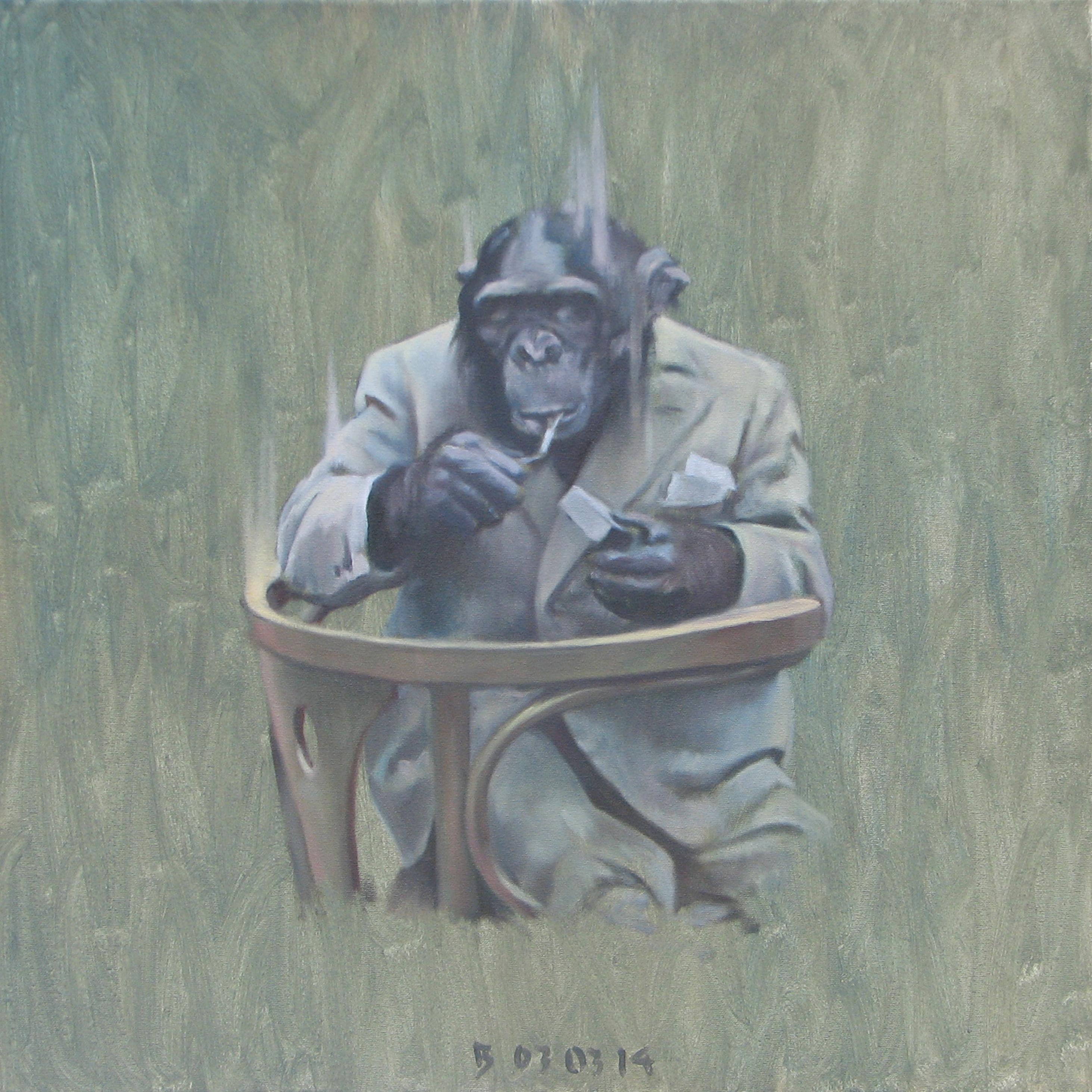 Monkey with a Cigarette I - Contemporary Figurative Animals Oil Painting