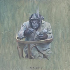 Mono con un cigarrillo I - Pintura al óleo contemporánea de animales figurativos