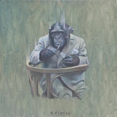 Vintage Monkey with a Cigarette I - Contemporary Figurative Animals Oil Painting