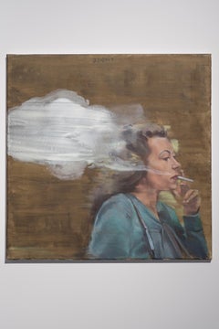 Caminar con un cigarrillo - Pintura al óleo figurativa contemporánea, Retrato de mujer