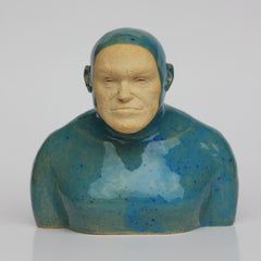 Blue Swimmer - Contemporary Handmade Glazed Ceramics Sculpture , Man Portrait