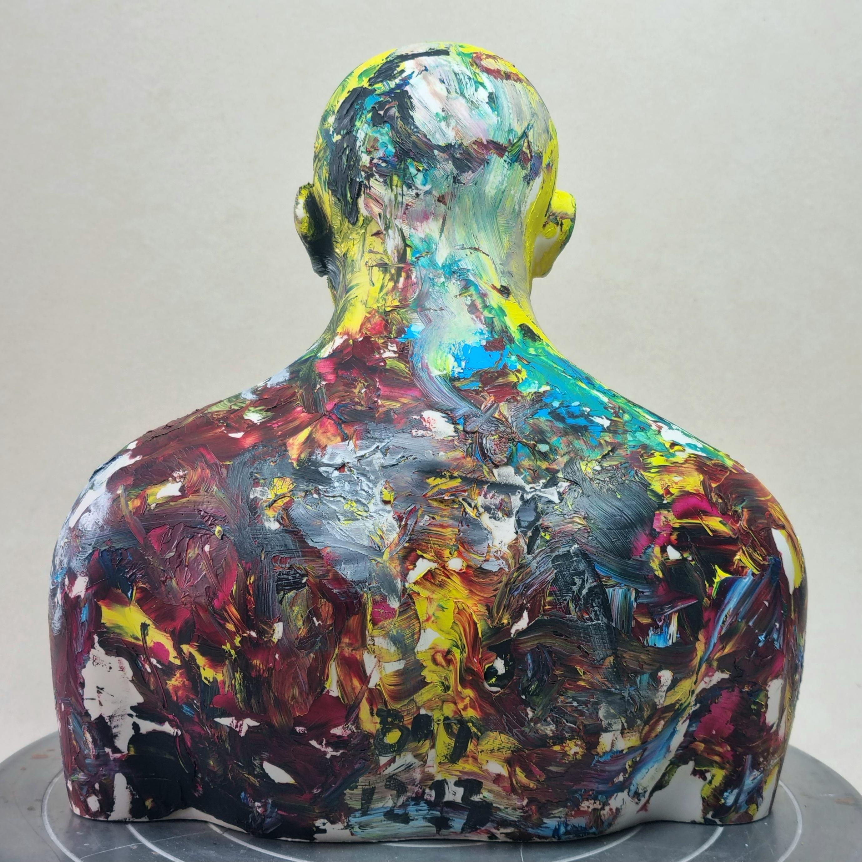 Full Color Swimmer - Contemporary Handmade Acrylic Resin Sculpture, Man Portrait For Sale 2