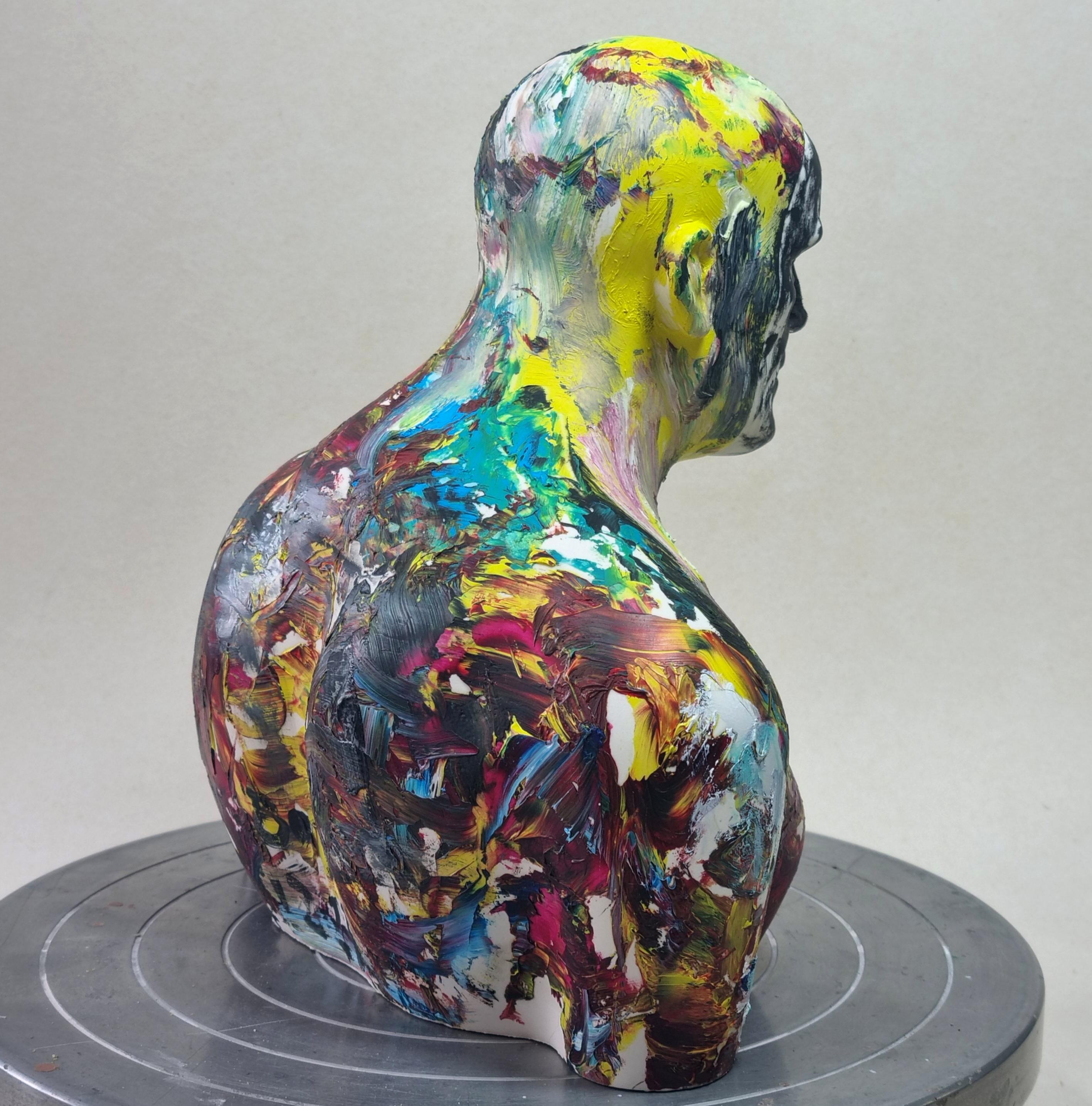 Full Color Swimmer - Contemporary Handmade Acrylic Resin Sculpture, Man Portrait For Sale 3