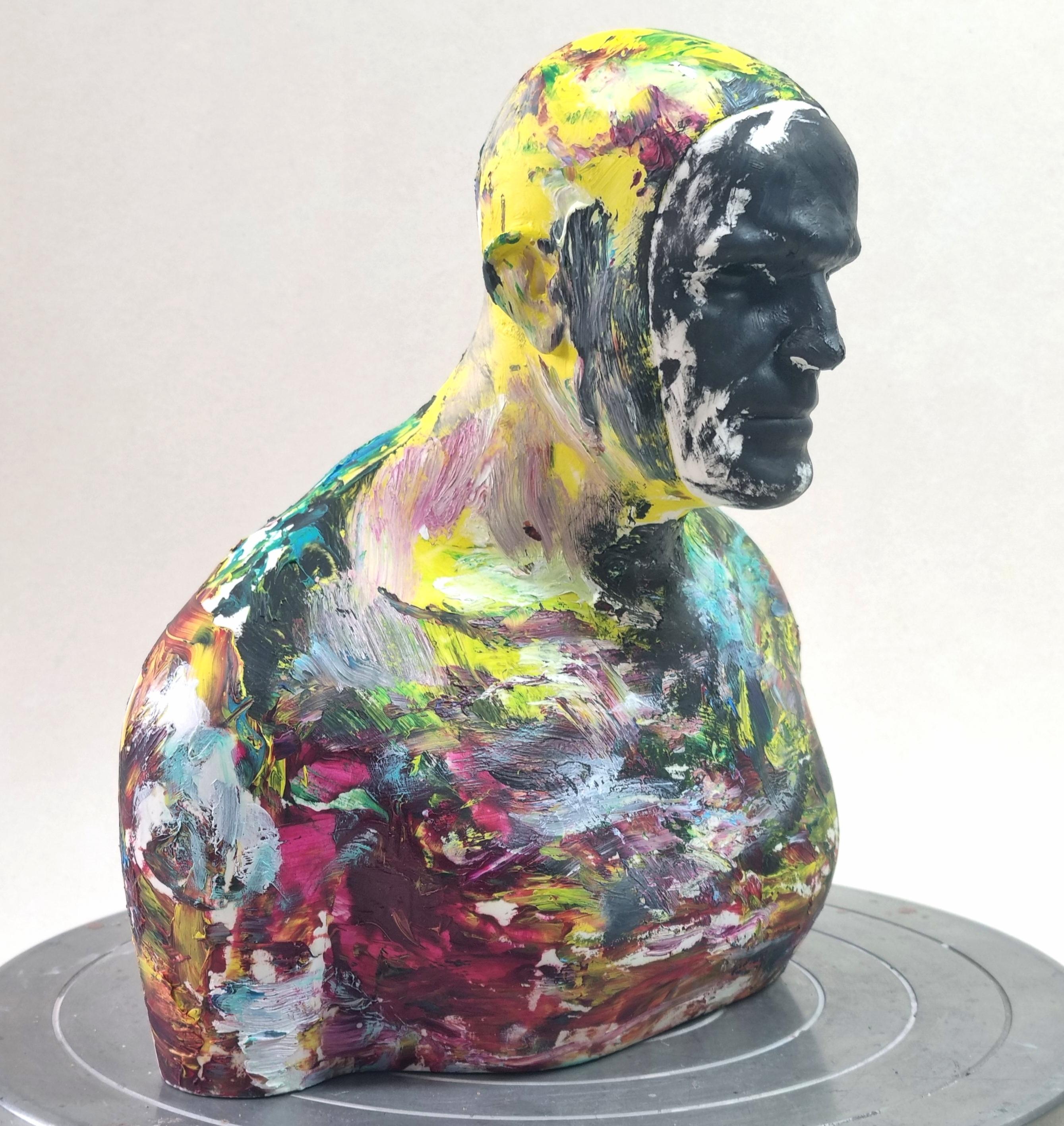 Full Color Swimmer - Contemporary Handmade Acrylic Resin Sculpture, Man Portrait For Sale 6
