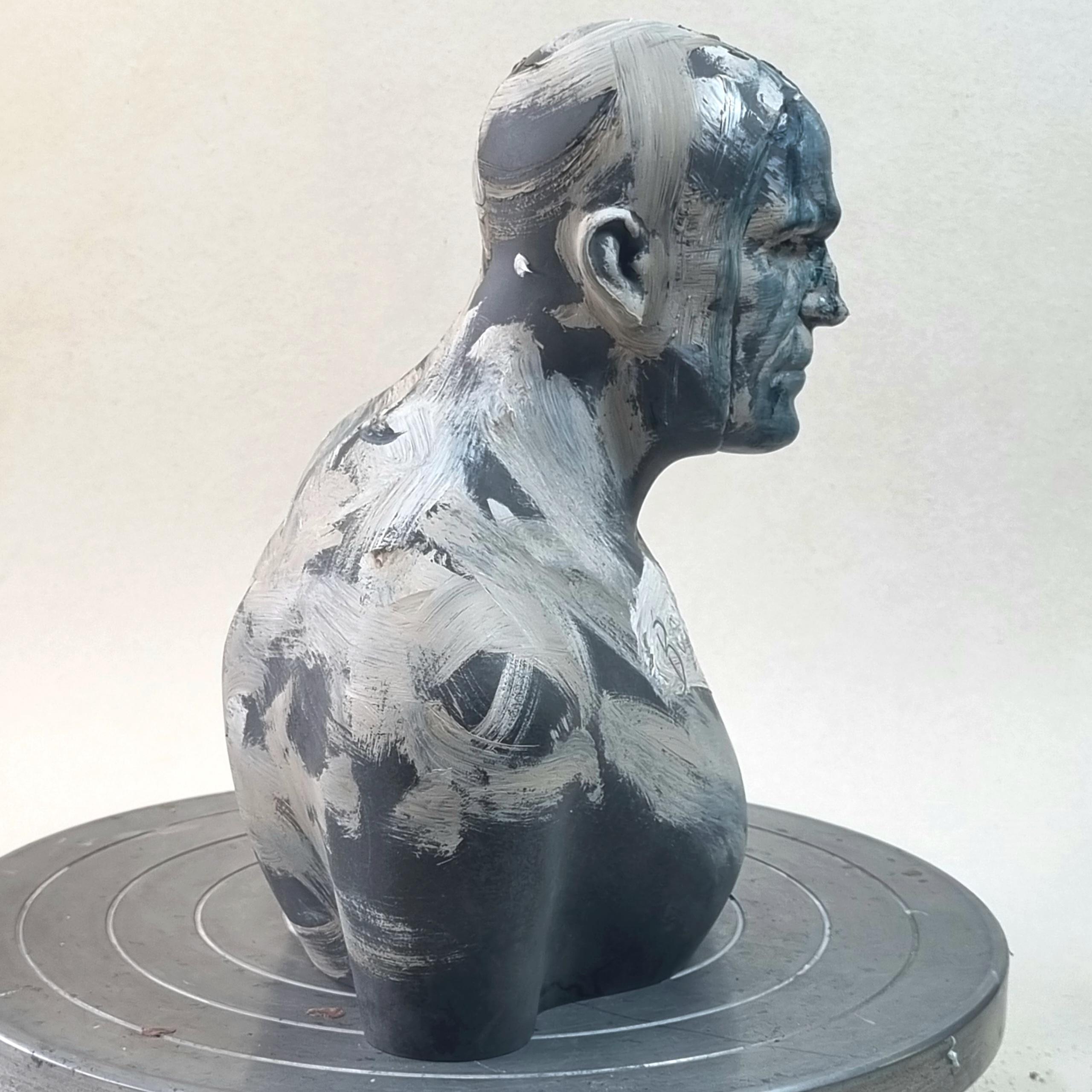 Gray Swimmer - Contemporary Handmade Acrylic Resin Sculpture, Man Portrait For Sale 1