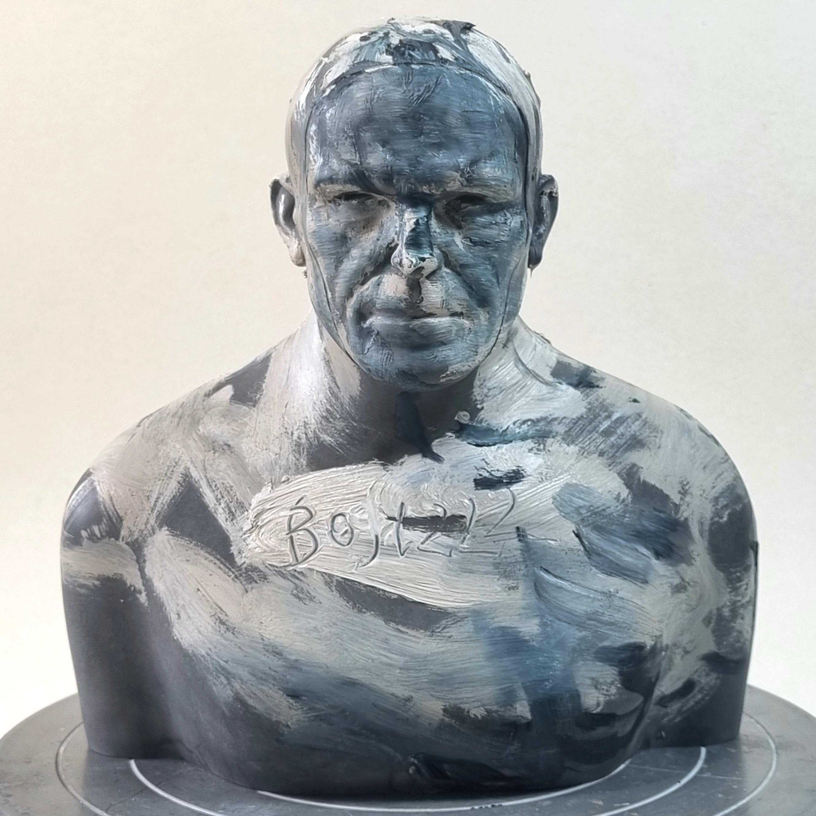 Gray Swimmer - Contemporary Handmade Acrylic Resin Sculpture, Man Portrait For Sale 2