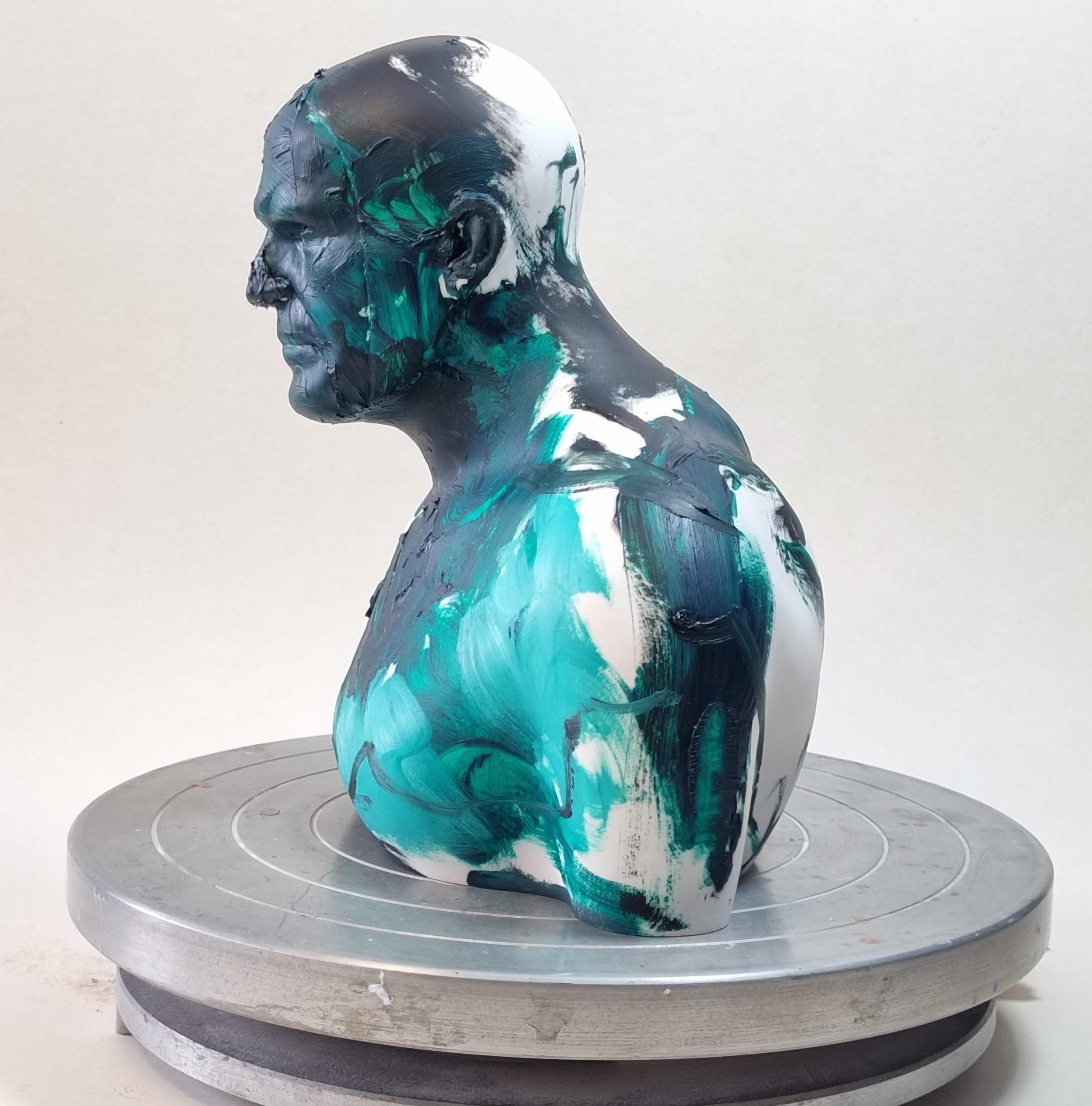 Green  Swimmer - Contemporary Handmade Acrylic Resin Sculpture, Man Portrait For Sale 2