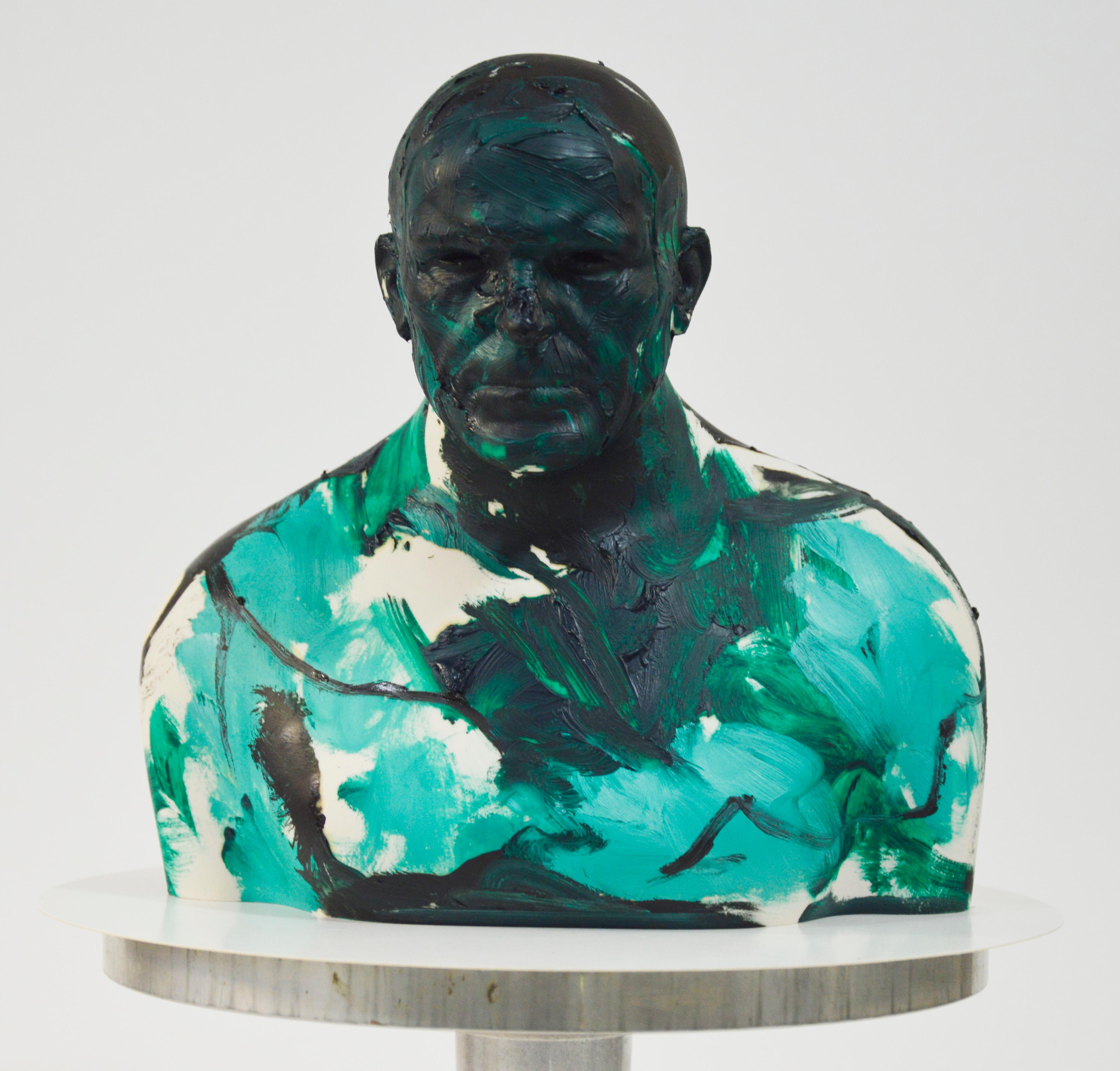 Green  Swimmer - Contemporary Handmade Acrylic Resin Sculpture, Man Portrait For Sale 4