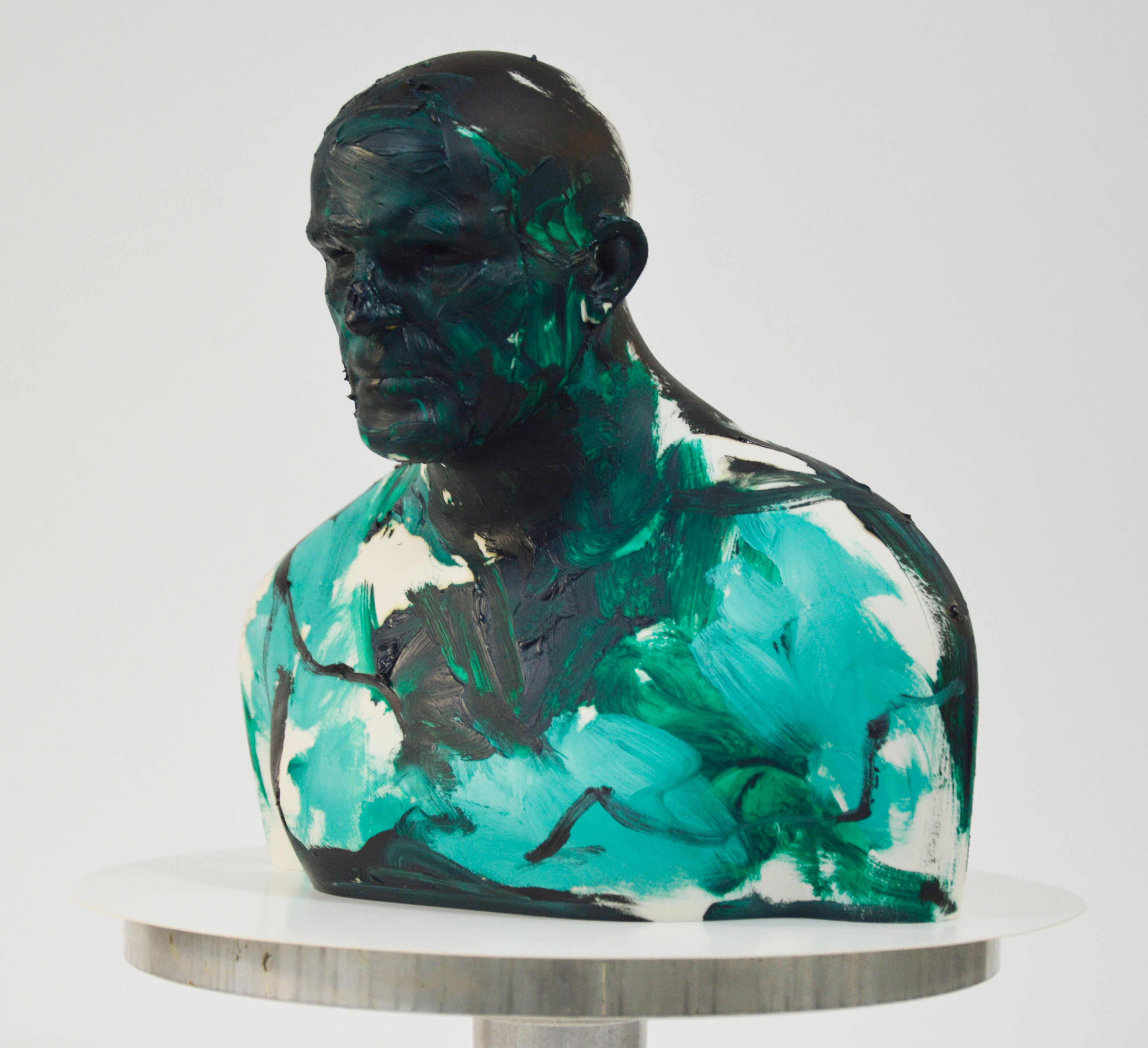 Green  Swimmer - Contemporary Handmade Acrylic Resin Sculpture, Man Portrait For Sale 5