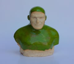 Green Swimmer - Contemporary Handmade Glazed Ceramics Sculpture , Man Portrait