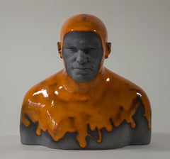 Orange Swimmer - Contemporary Handmade Glazed Ceramics Sculpture , Man Portrait