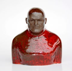 Red Swimmer - Contemporary Unique Handmade Glazed Ceramics Sculpture,  Portrait