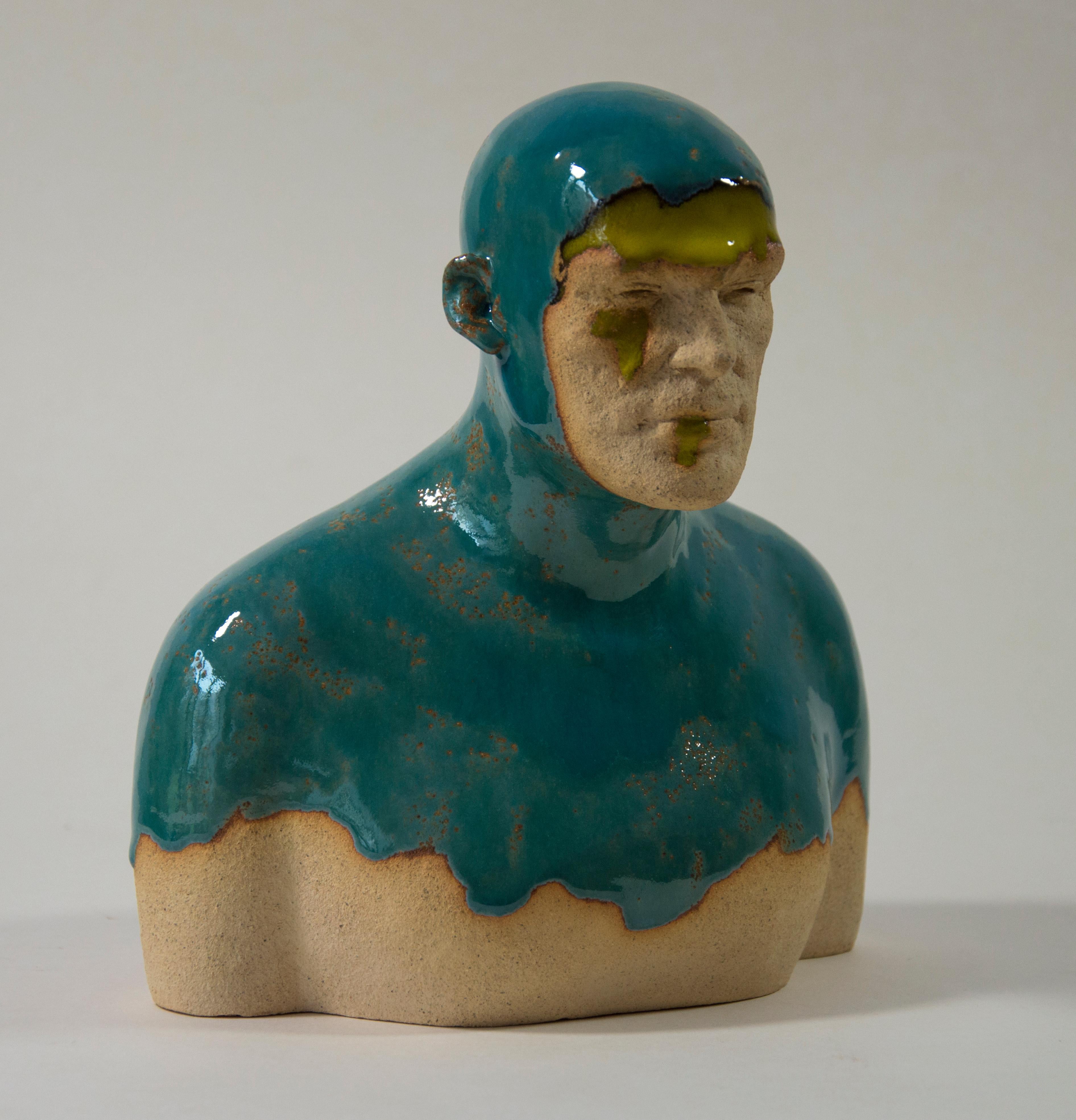 Turquoise  Swimmer - Contemporary Handmade Glazed Ceramics Sculpture , Portrait - Gray Figurative Sculpture by Tomasz Bielak