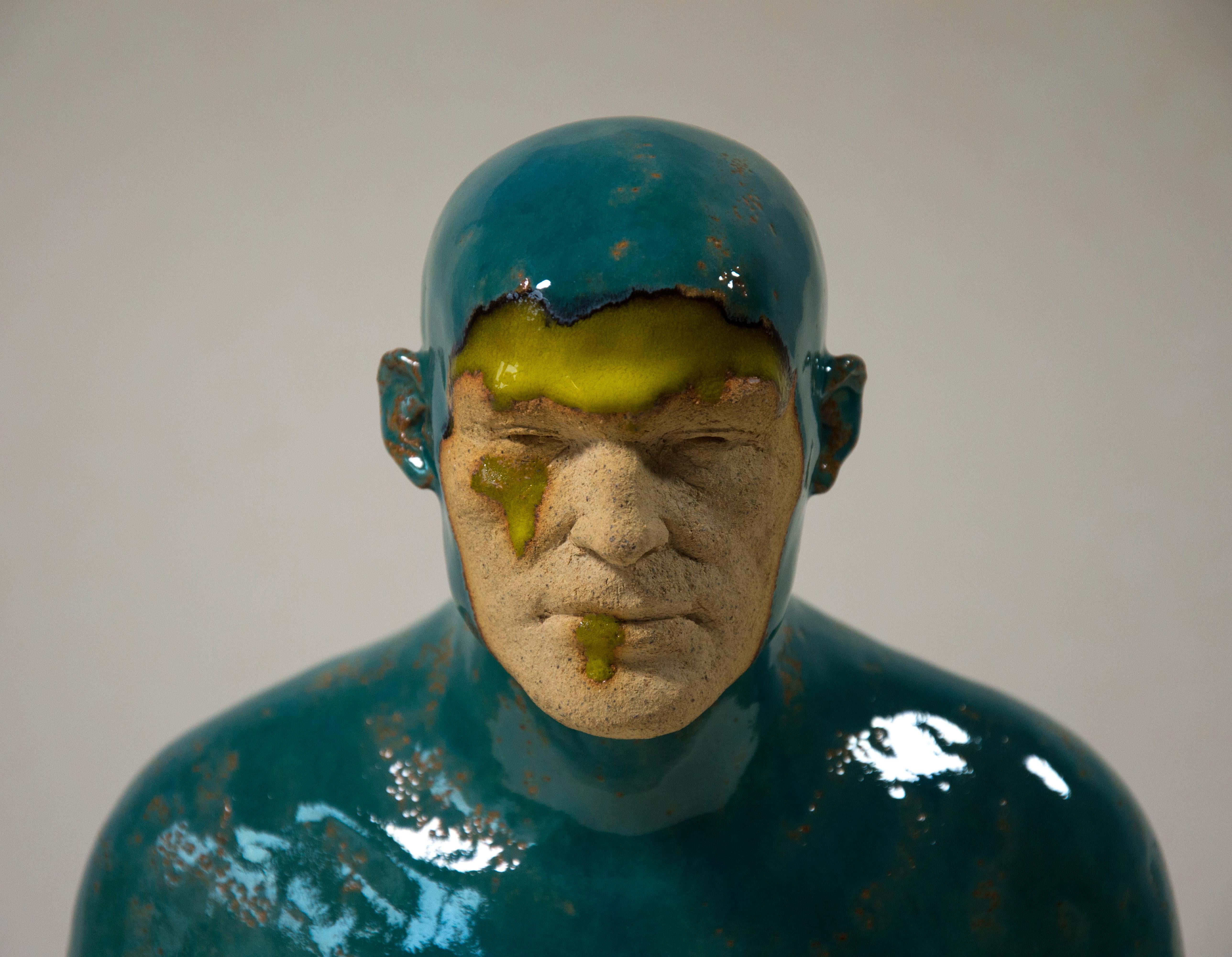 Turquoise  Swimmer - Contemporary Handmade Glazed Ceramics Sculpture , Portrait For Sale 1