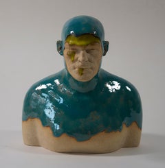 Turquoise  Swimmer - Contemporary Handmade Glazed Ceramics Sculpture , Portrait