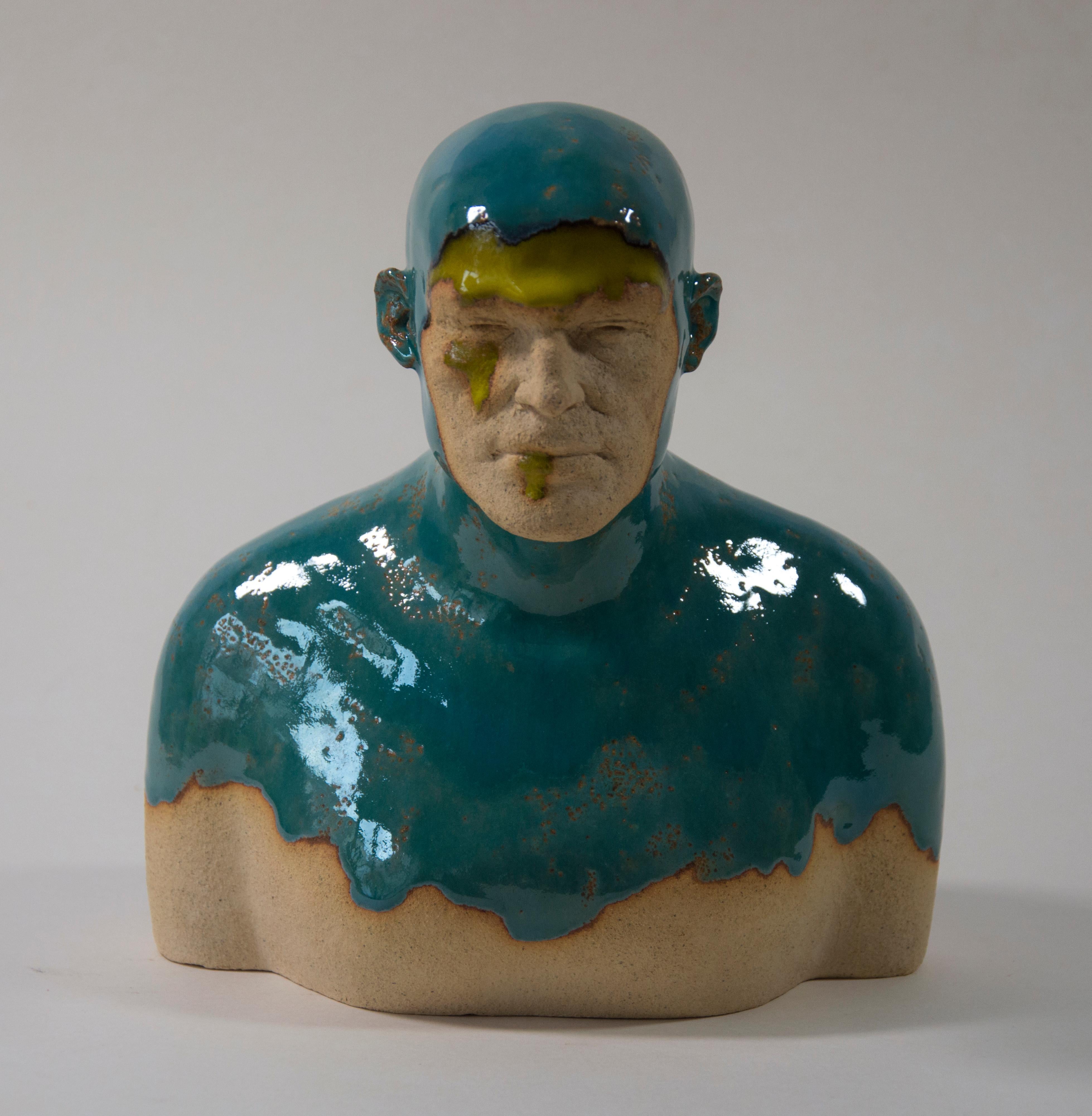 Figurative Sculpture Tomasz Bielak - Turquoise  Nageur - Sculpture contemporaine en céramique émaillée faite à la main , Portrait