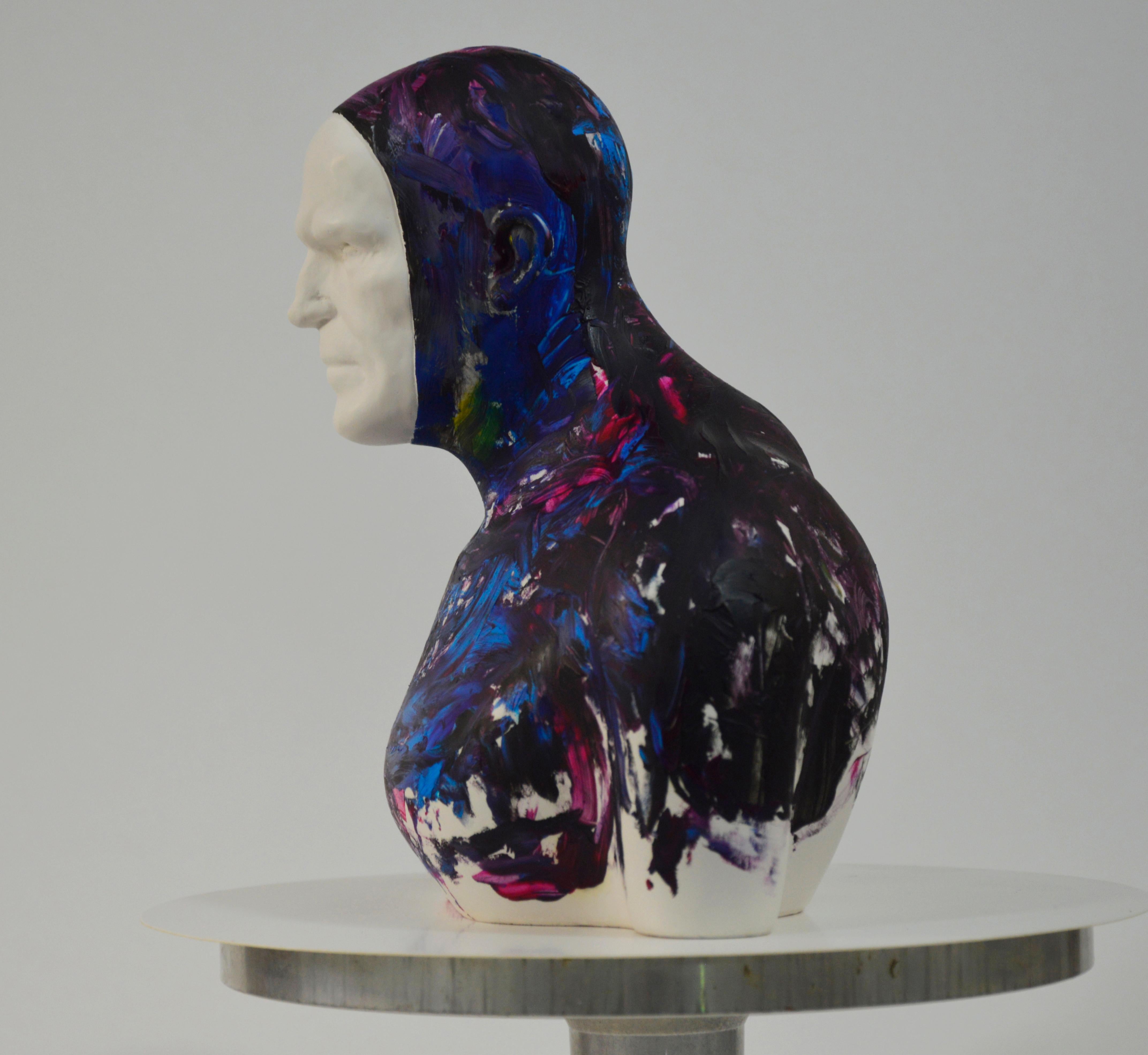 Violet  Swimmer - Contemporary Handmade Acrylic Resin Sculpture, Man Portrait For Sale 1