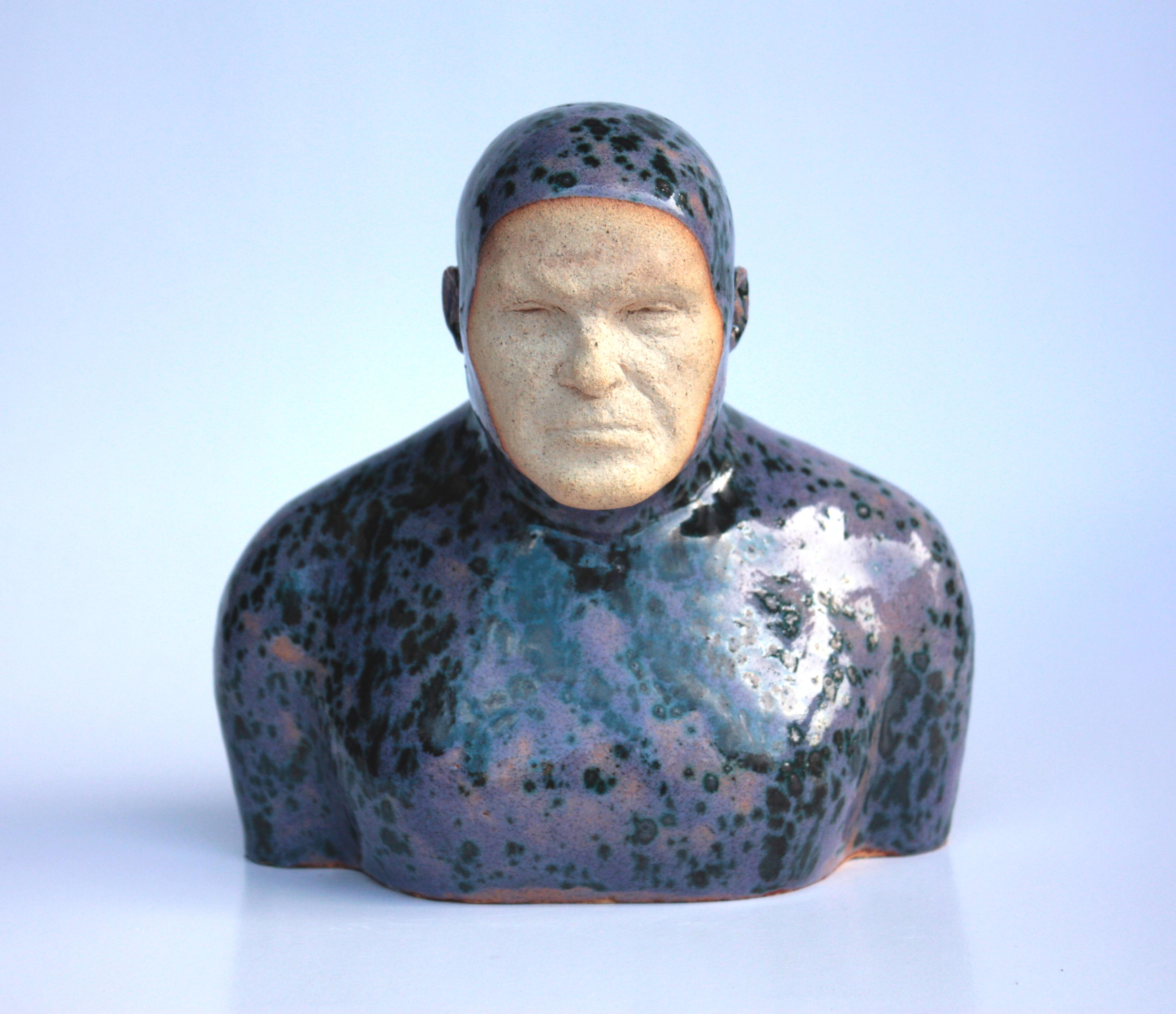 Tomasz Bielak Figurative Sculpture - Violet Swimmer - Contemporary Handmade Glazed Ceramics Sculpture , Man Portrait