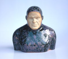 Violet Swimmer - Contemporary Handmade Glazed Ceramics Sculpture , Man Portrait