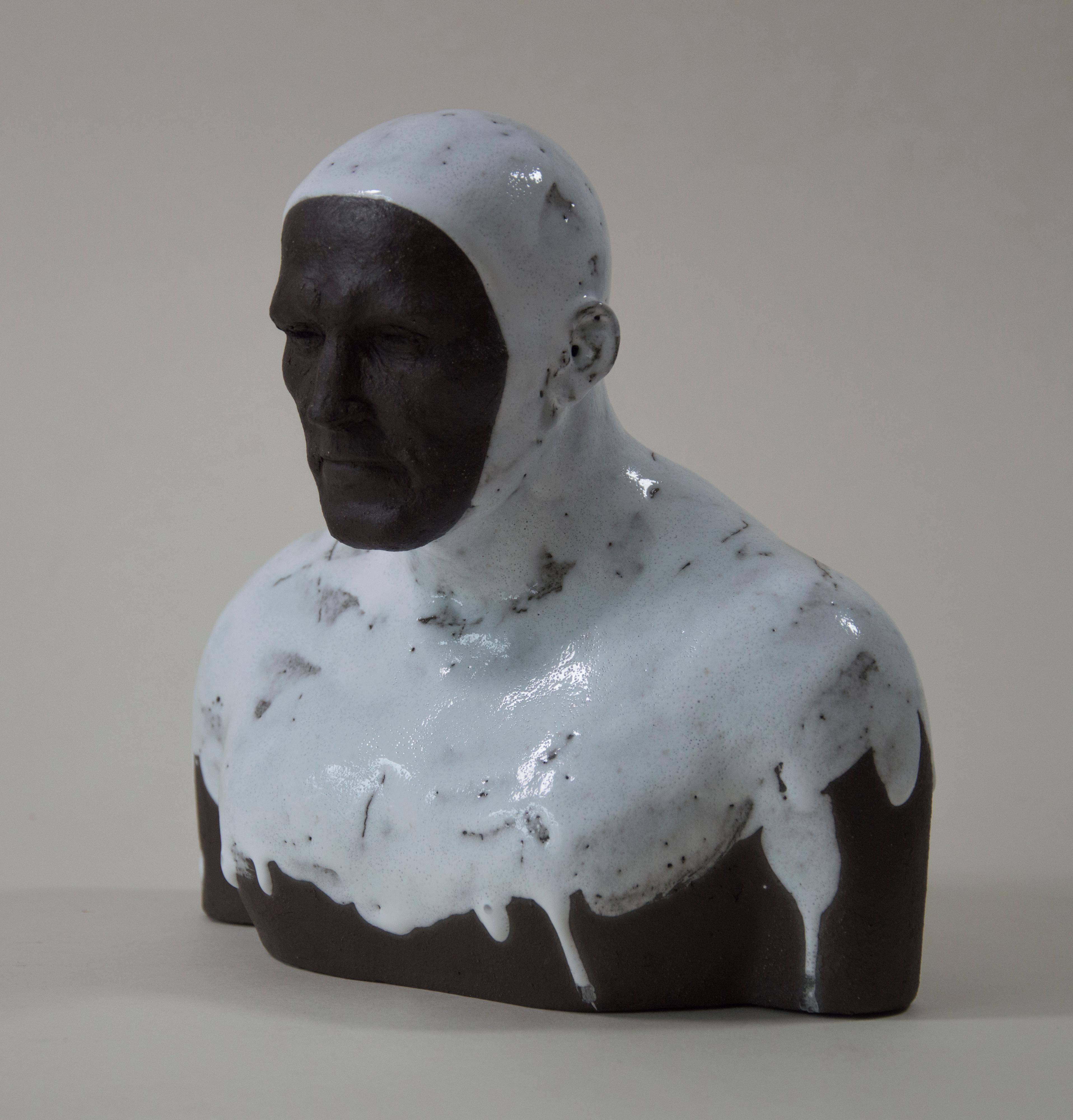 White Swimmer  - Modern Unique Handmade Glazed Ceramics Sculpture , Man Portrait - Gray Nude Sculpture by Tomasz Bielak
