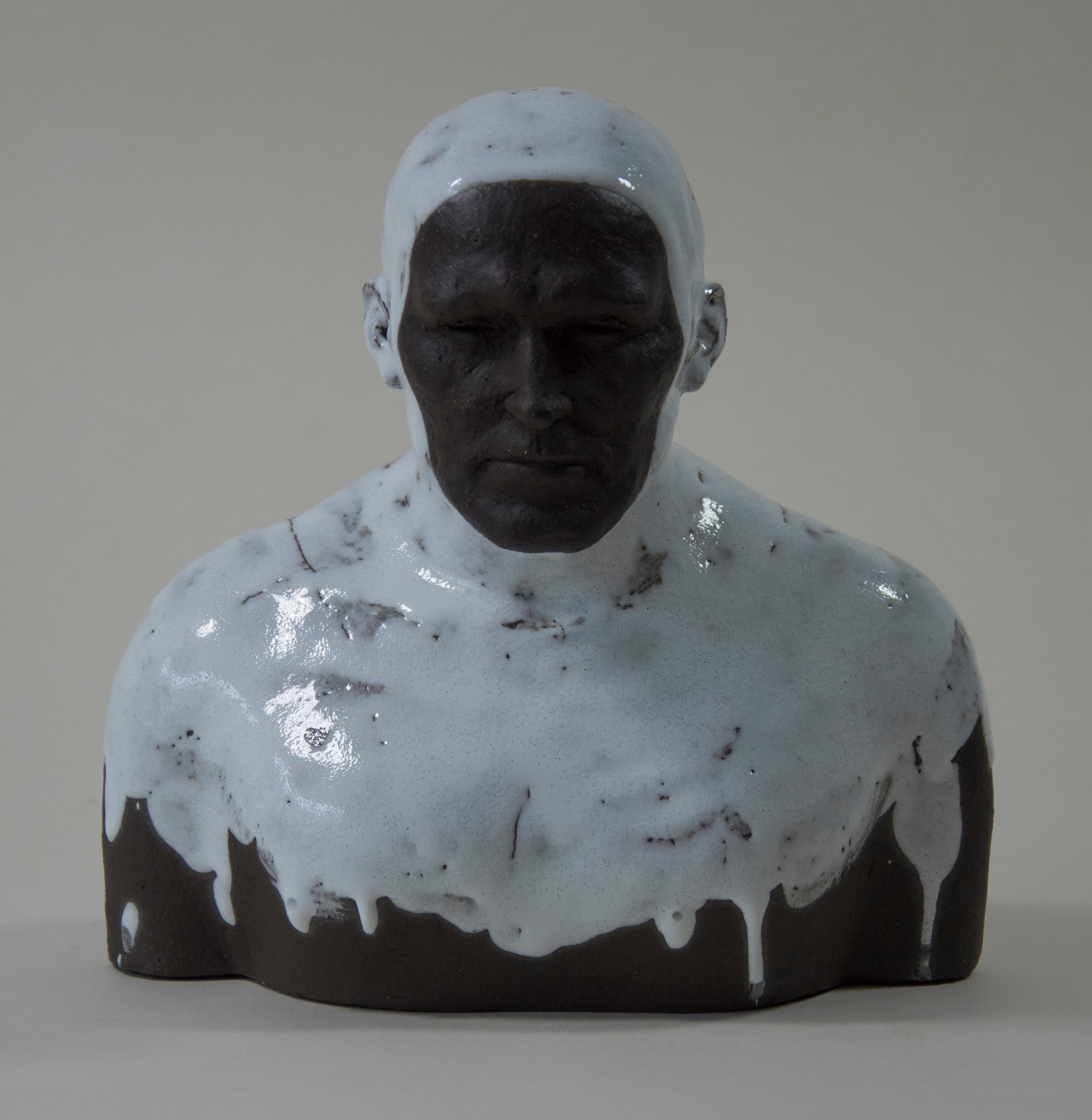 Tomasz Bielak Nude Sculpture - White Swimmer  - Modern Unique Handmade Glazed Ceramics Sculpture , Man Portrait