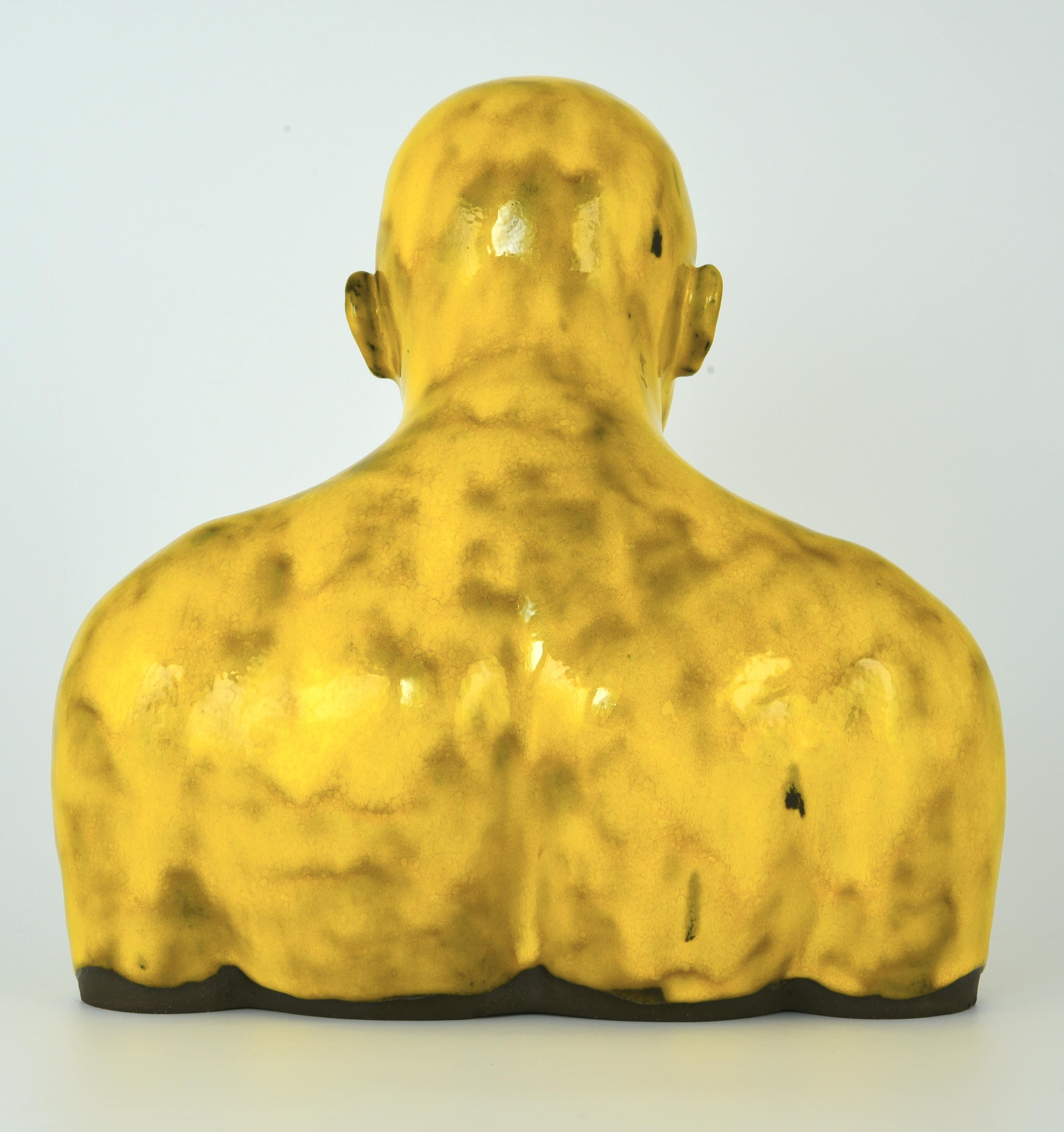 Yellow Swimmer 2 Large - Handmade Modern Glazed Ceramics Sculpture, Man Portrait For Sale 1