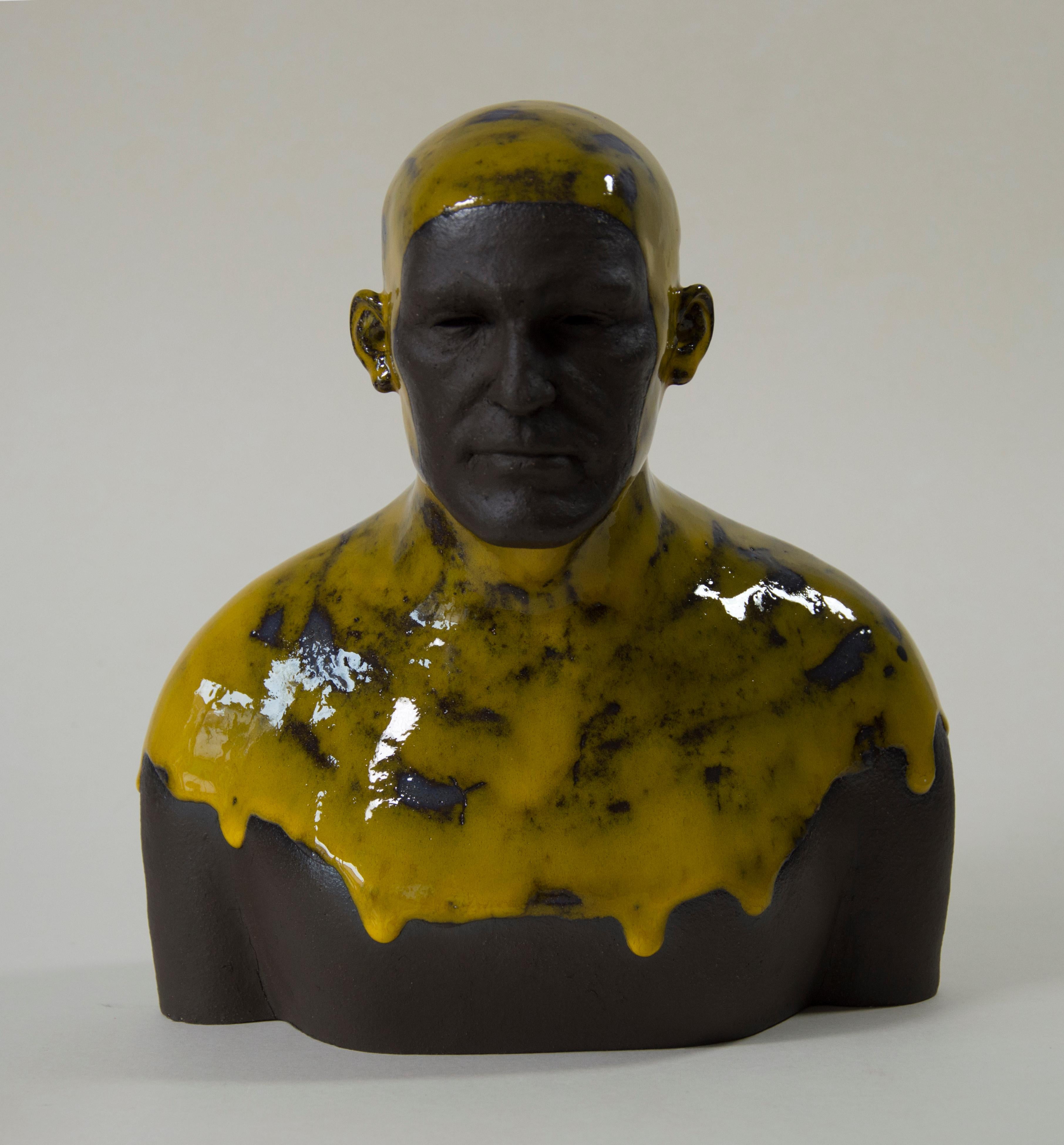 Tomasz Bielak Nude Sculpture -  Yellow Swimmer - Contemporary Handmade Glazed Ceramics Sculpture , Man Portrait