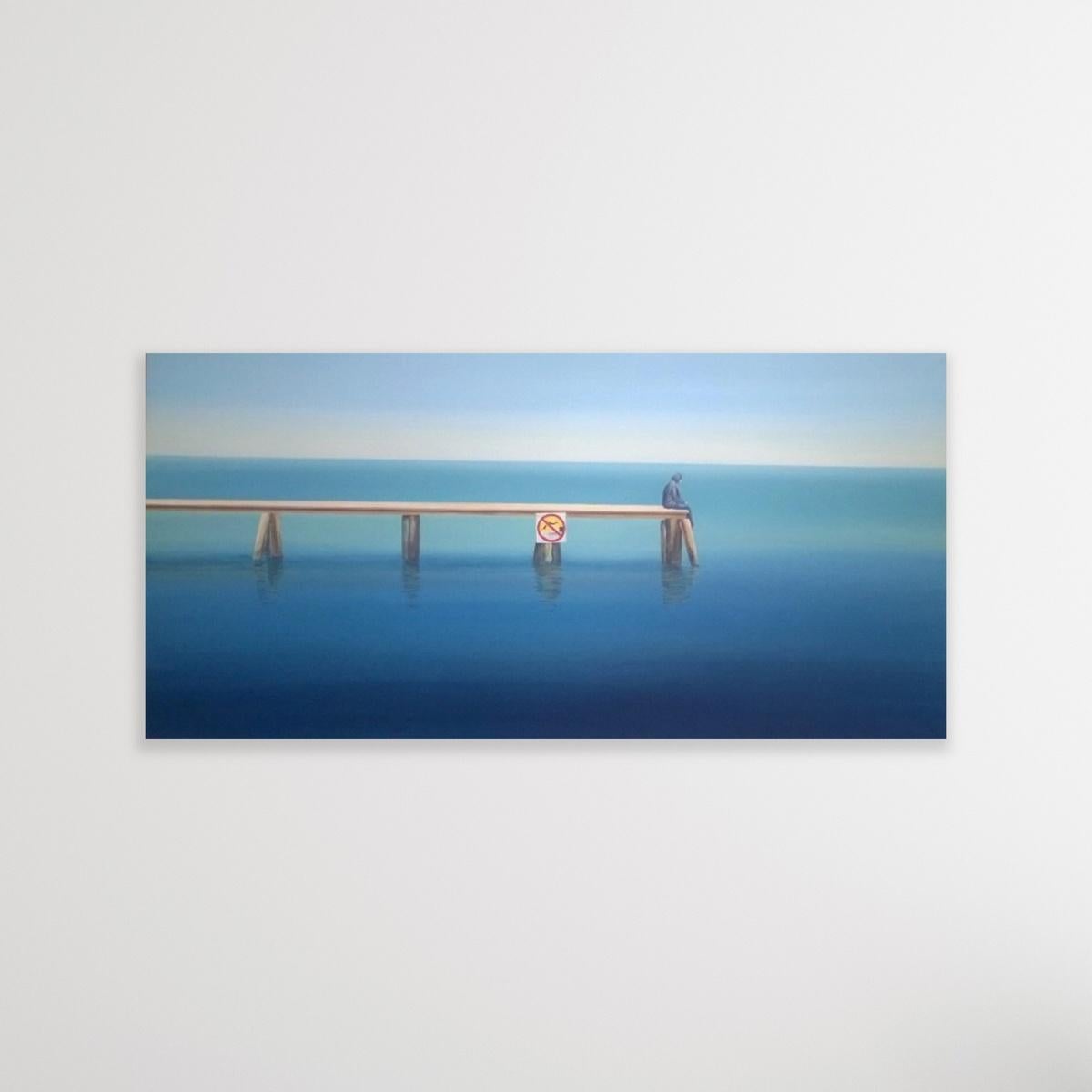 A bridge - XXI Century, Figurative Oil Painting, Marine Landscape, Blue  1