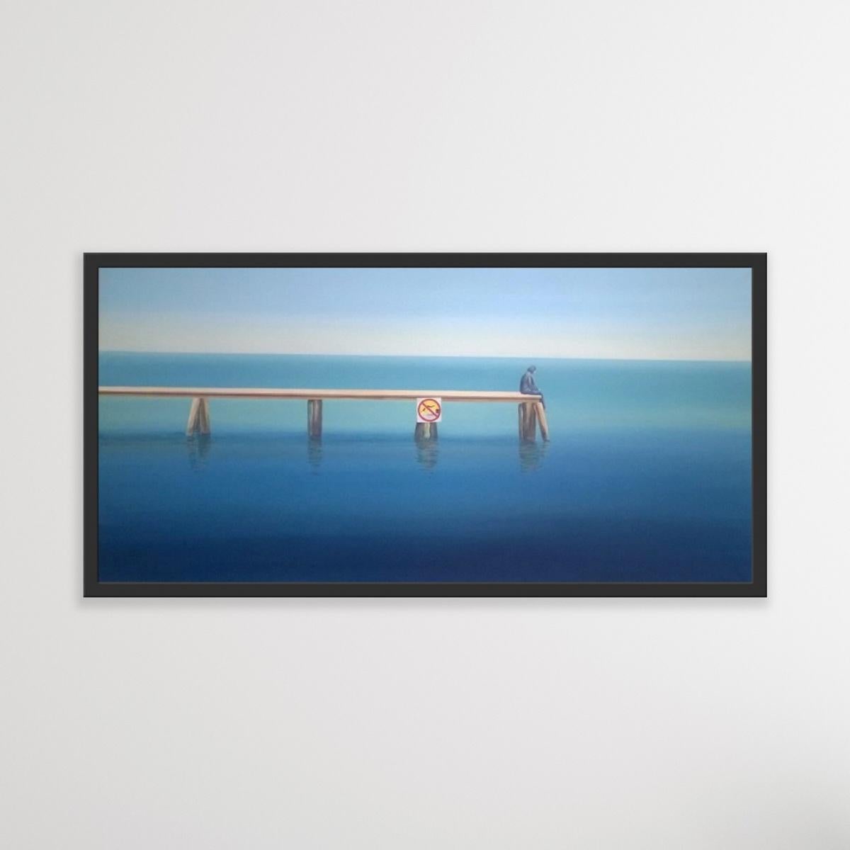 A bridge - XXI Century, Figurative Oil Painting, Marine Landscape, Blue  2