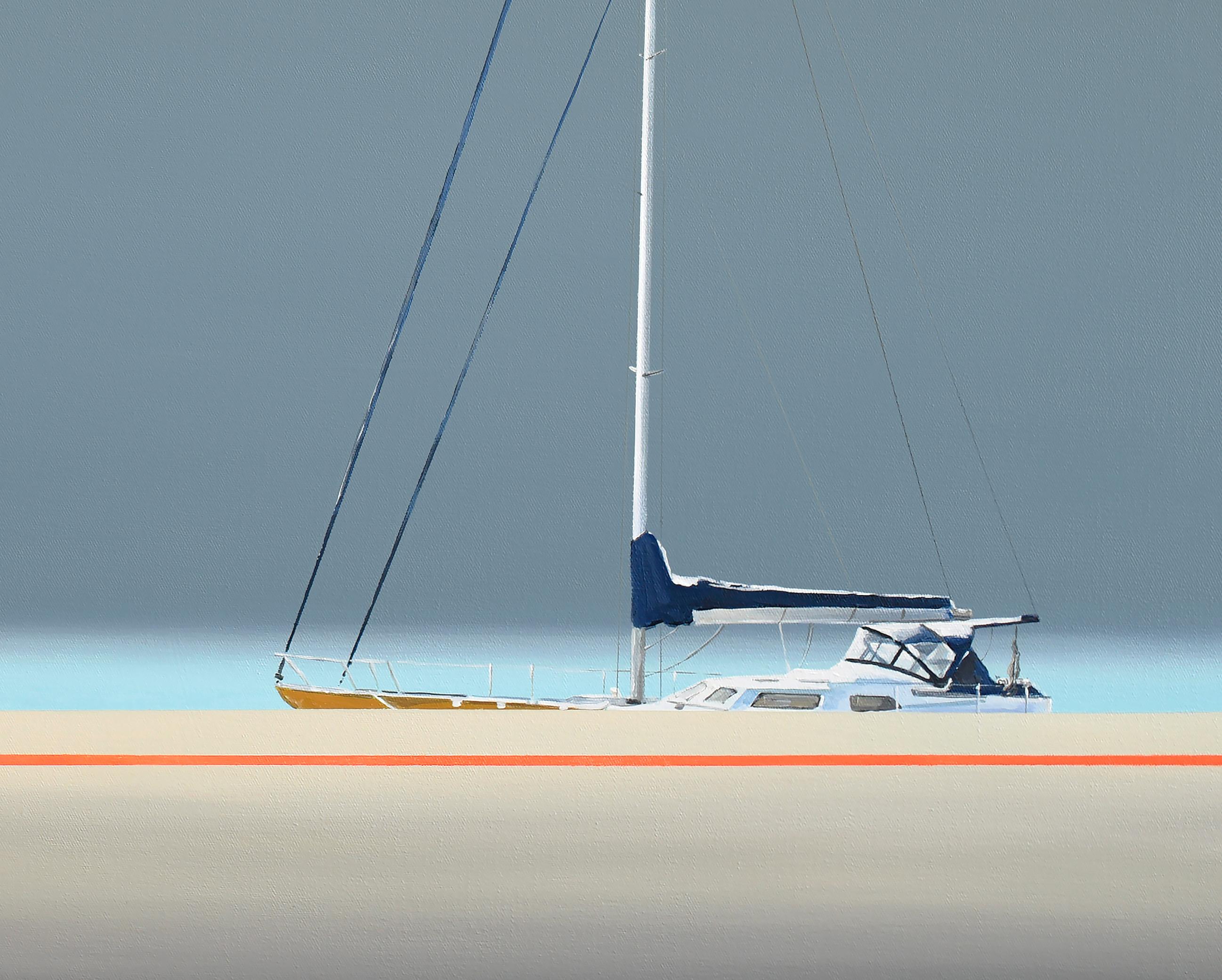 Muelle Con Yates, Pintura Paisaje Marino Moderno, Minimalista, Vista al Mar - Painting de Tomasz Kołodziejczyk