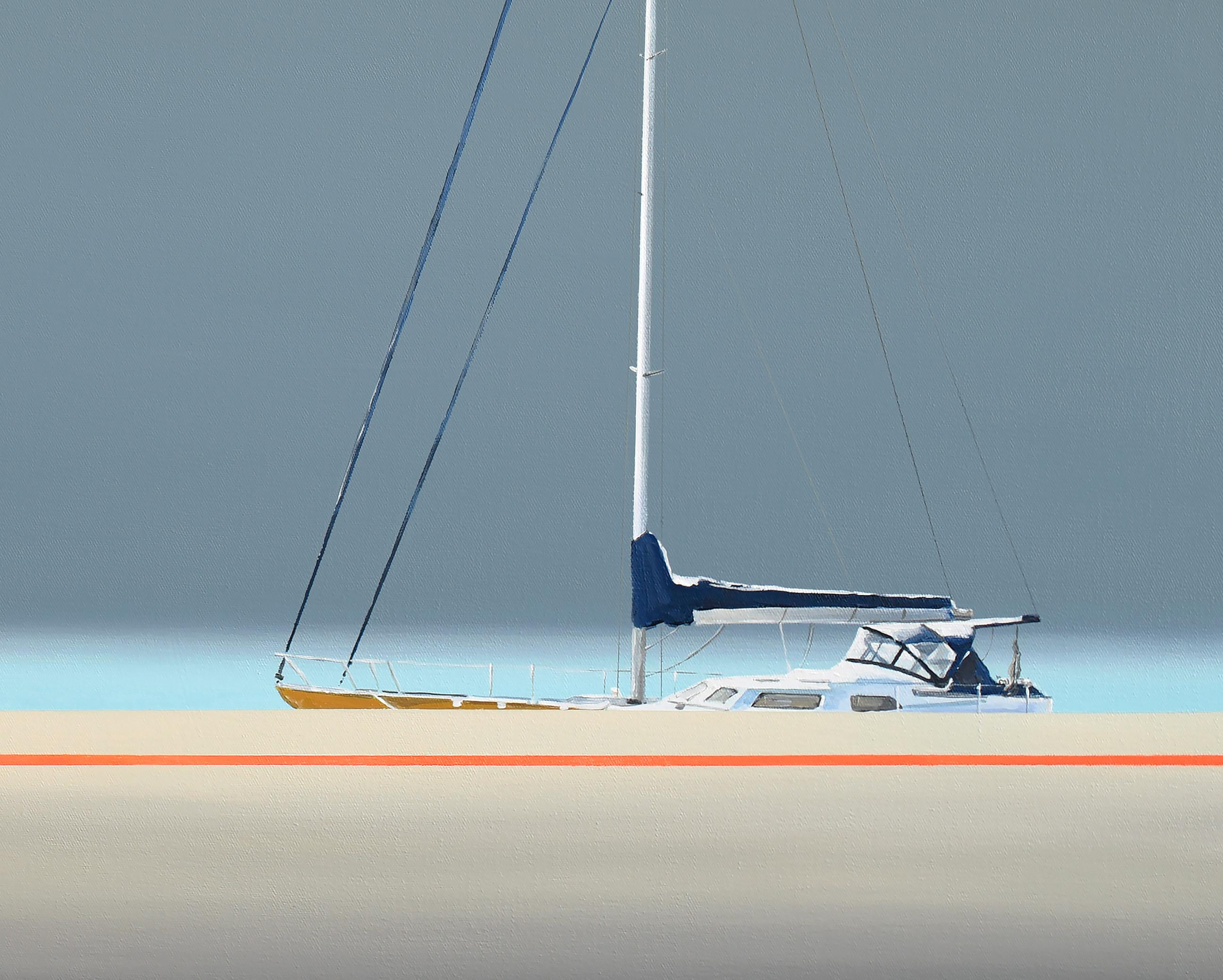 Quay With Yachts, peinture de paysage marin moderne, minimaliste, vue sur la mer - Painting de Tomasz Kołodziejczyk