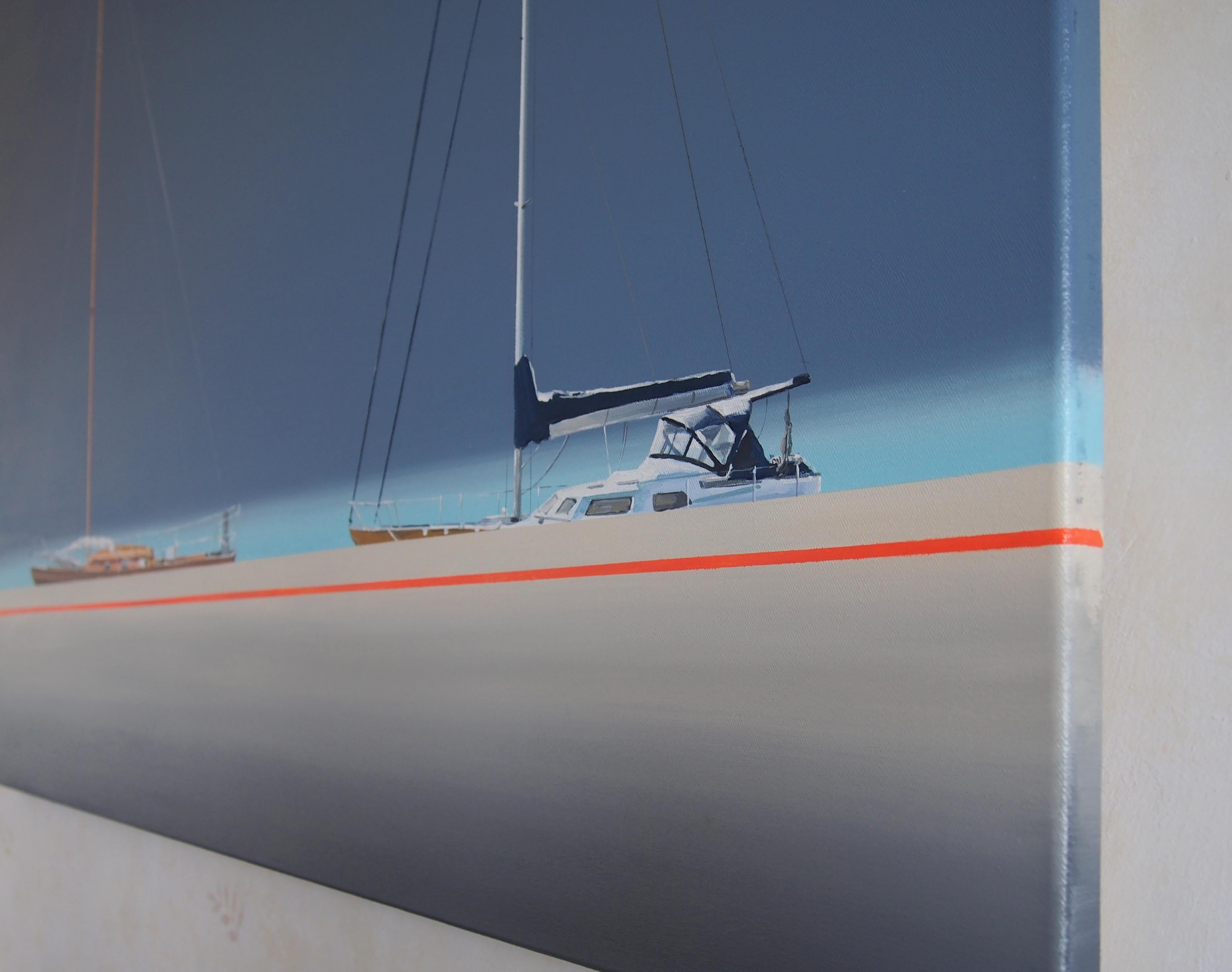Muelle Con Yates, Pintura Paisaje Marino Moderno, Minimalista, Vista al Mar - Painting Contemporáneo de Tomasz Kołodziejczyk