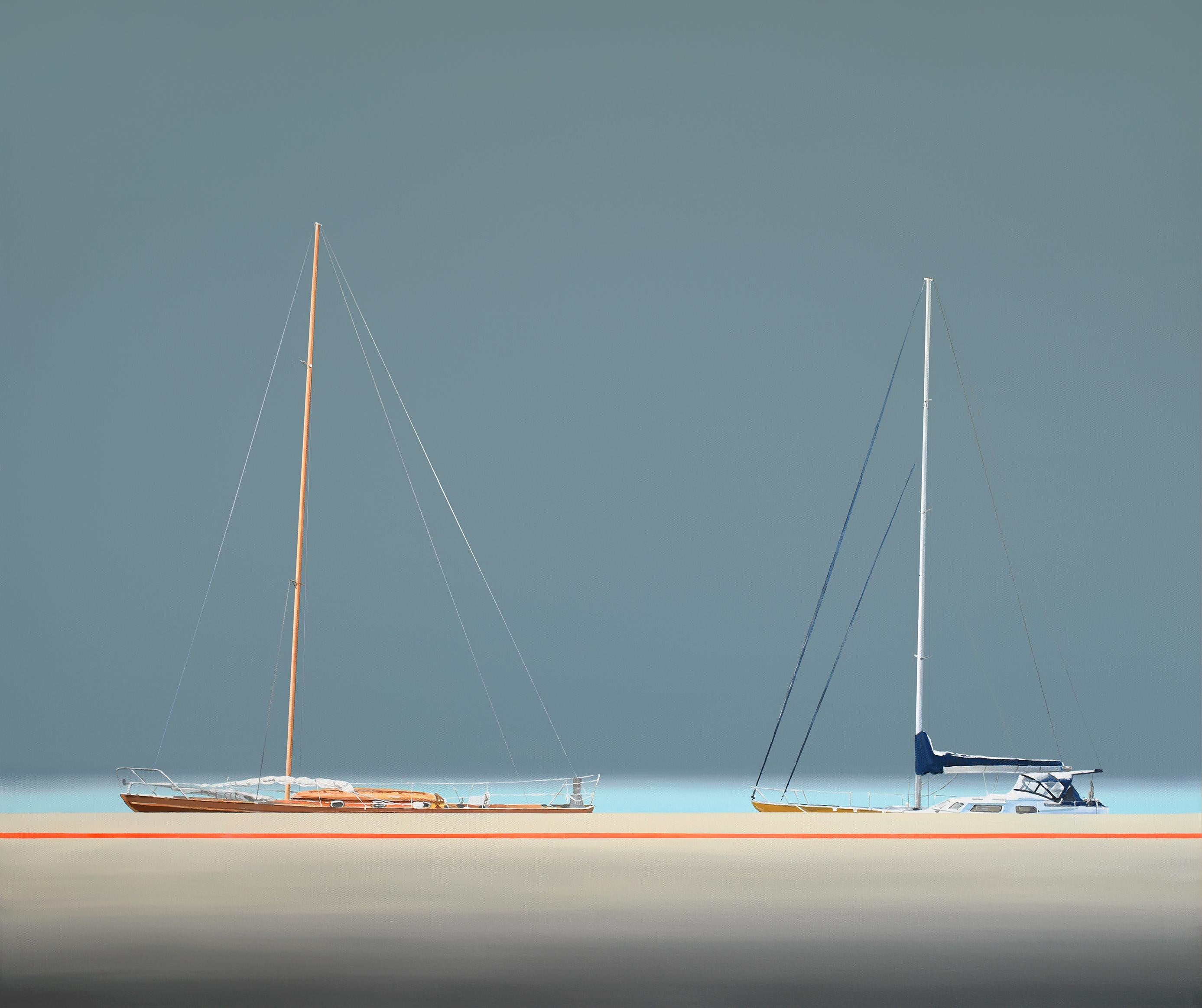 Figurative Painting Tomasz Kołodziejczyk - Quay With Yachts, peinture de paysage marin moderne, minimaliste, vue sur la mer