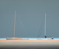 Quay With Yachts, Modern Marine Landscape Painting, Minimalistic, Sea View