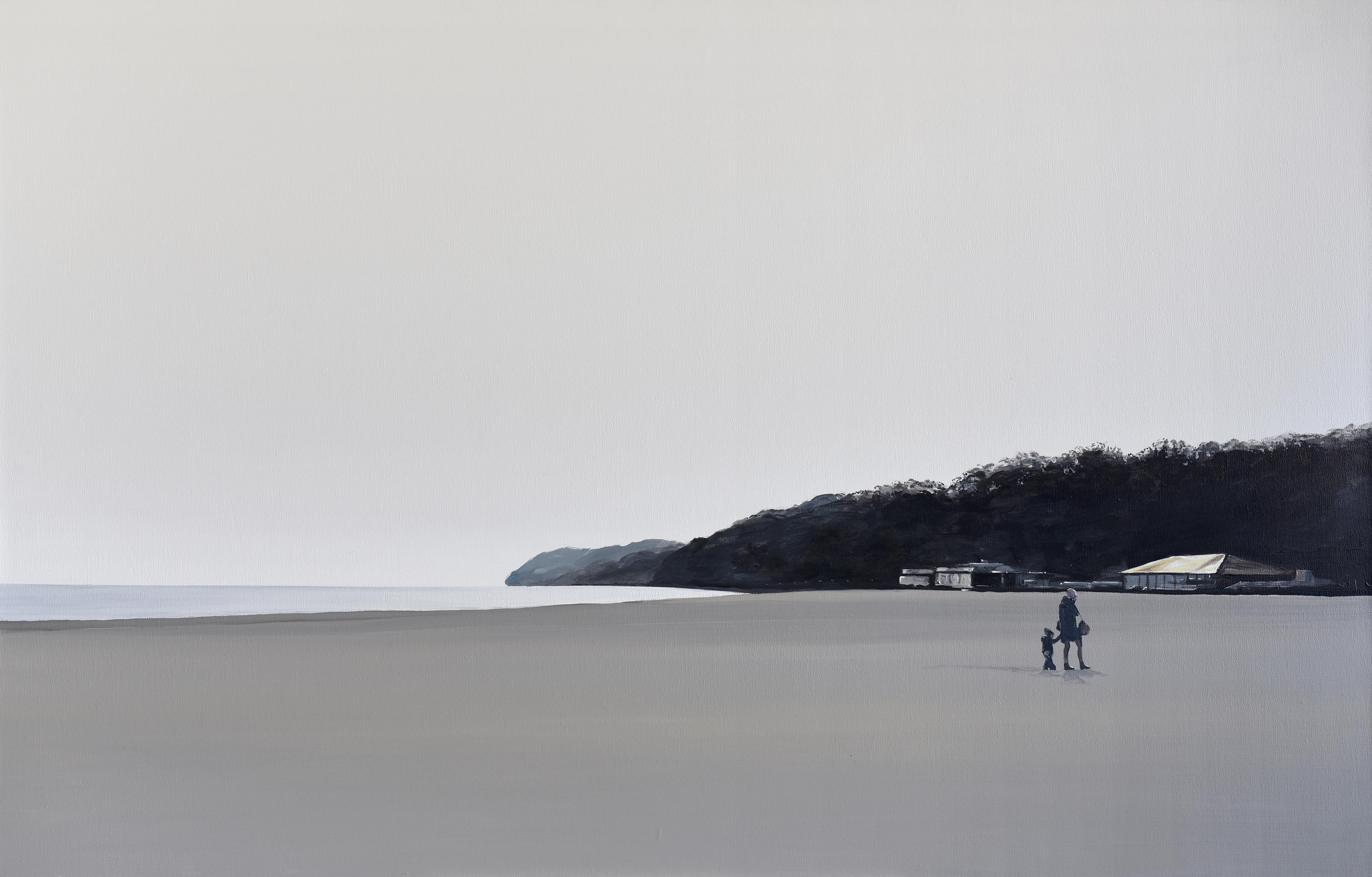 Figurative Painting Tomasz Kołodziejczyk - La plage, peinture de paysage figurative moderne, minimaliste, mer, vue de plage