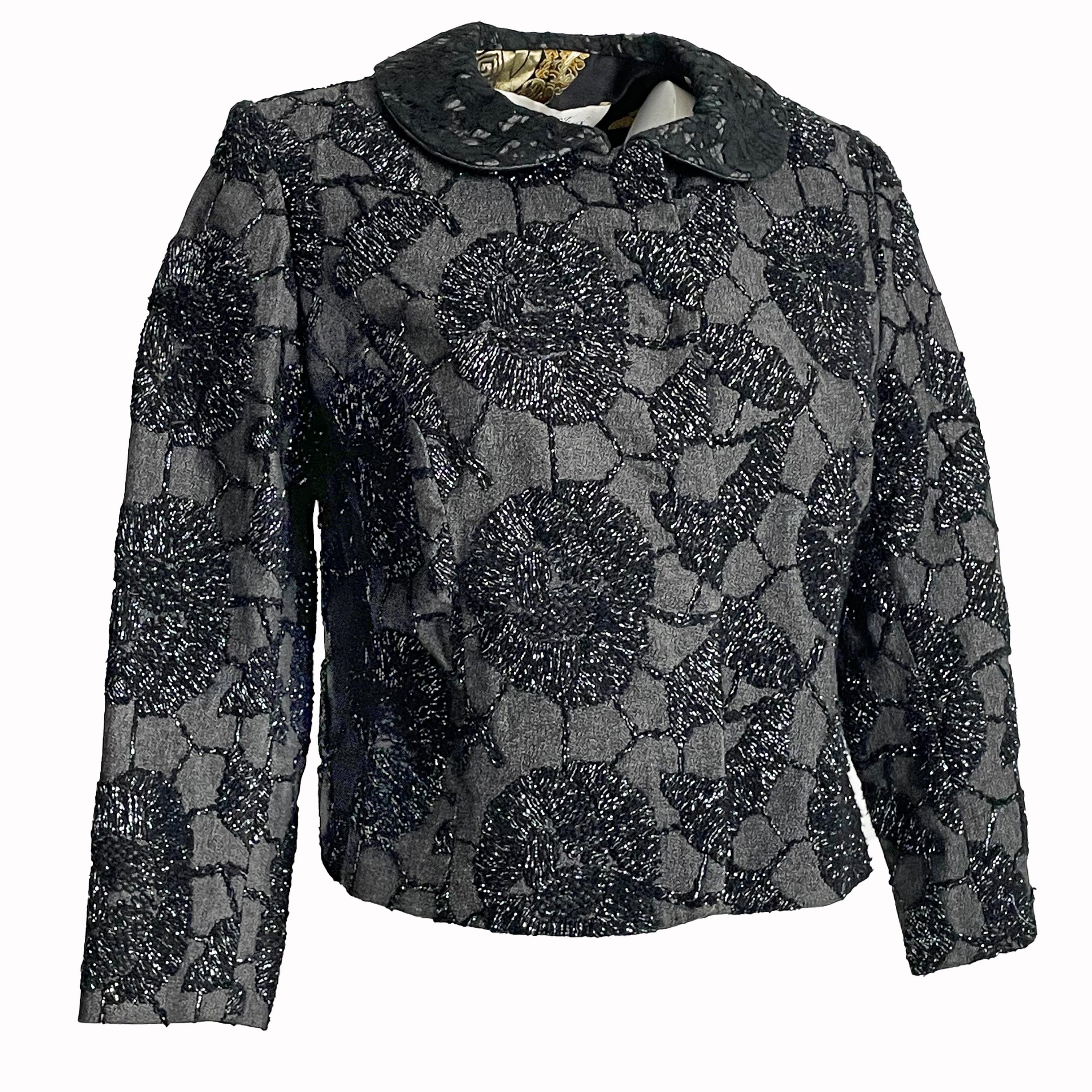 Black Tomasz Starzewski Evening Jacket Cropped Embroidery Asian Motif Sz 8 Vintage For Sale